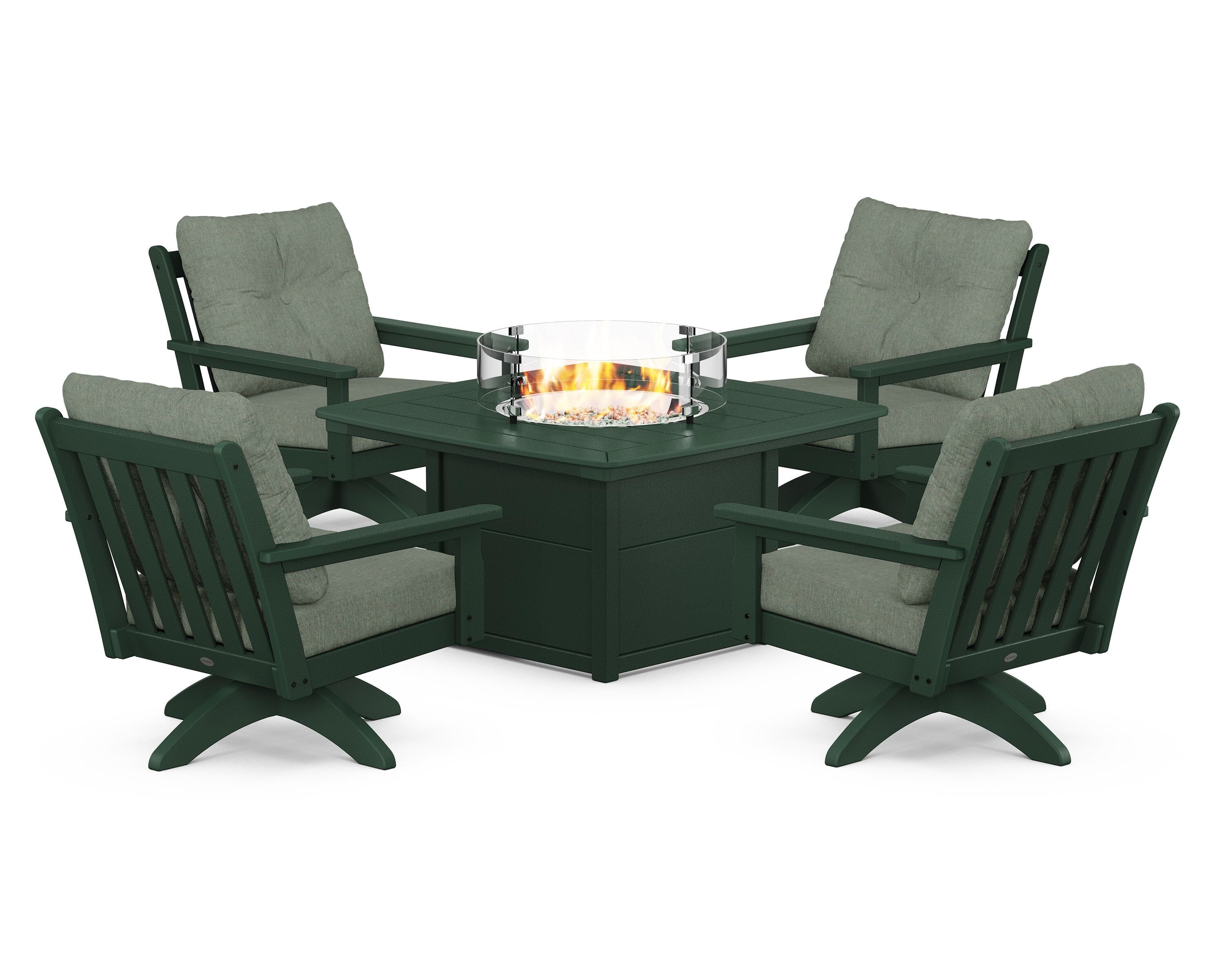 POLYWOOD Vineyard 5-Piece Deep Seating Swivel Conversation Set with Fire Pit Table in Green / Cast Sage