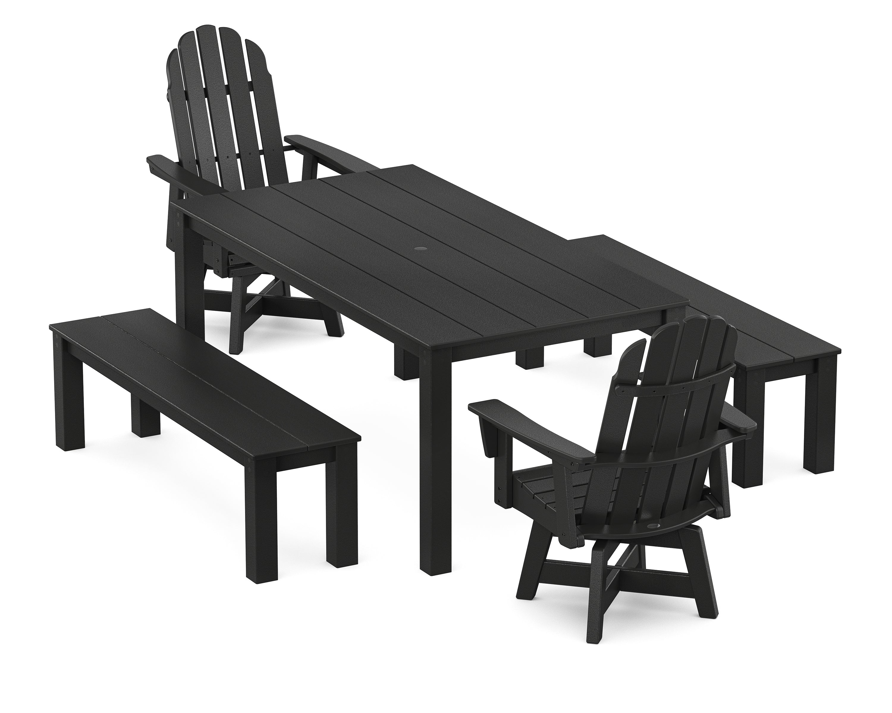 POLYWOOD Vineyard Curveback Adirondack 5-Piece Parsons Swivel Dining Set with Benches in Black