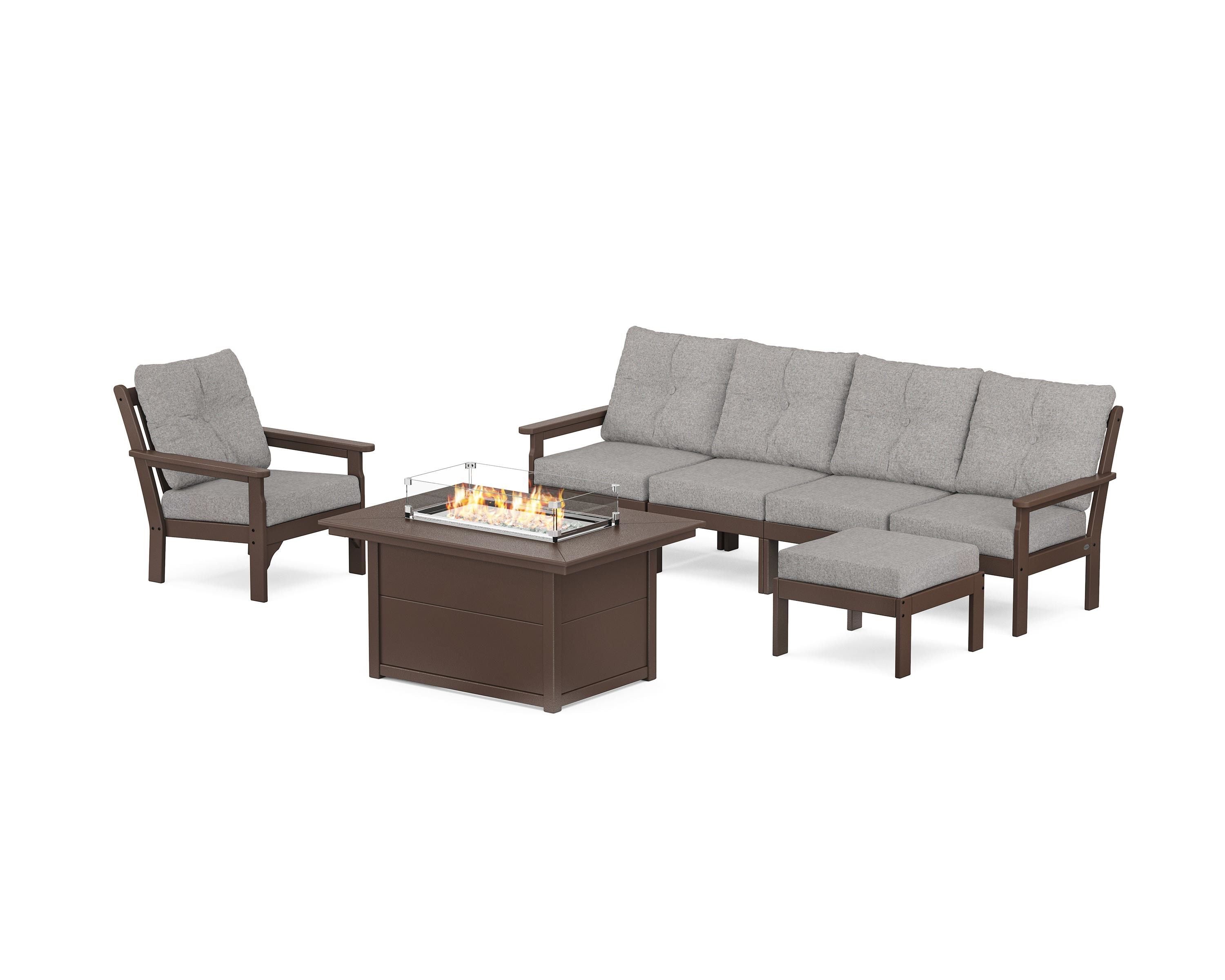 POLYWOOD Vineyard Sectional Lounge and Fire Pit Set in Mahogany / Grey Mist