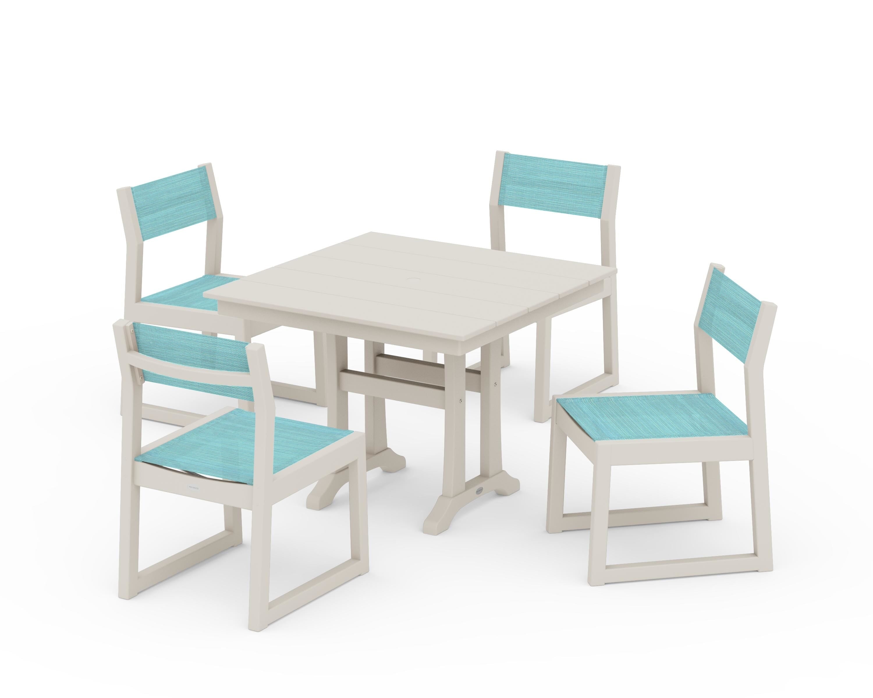 POLYWOOD EDGE Sling 5-Piece Farmhouse Trestle Side Chair Dining Set in Sand / Dupioni Aquamarine Sling