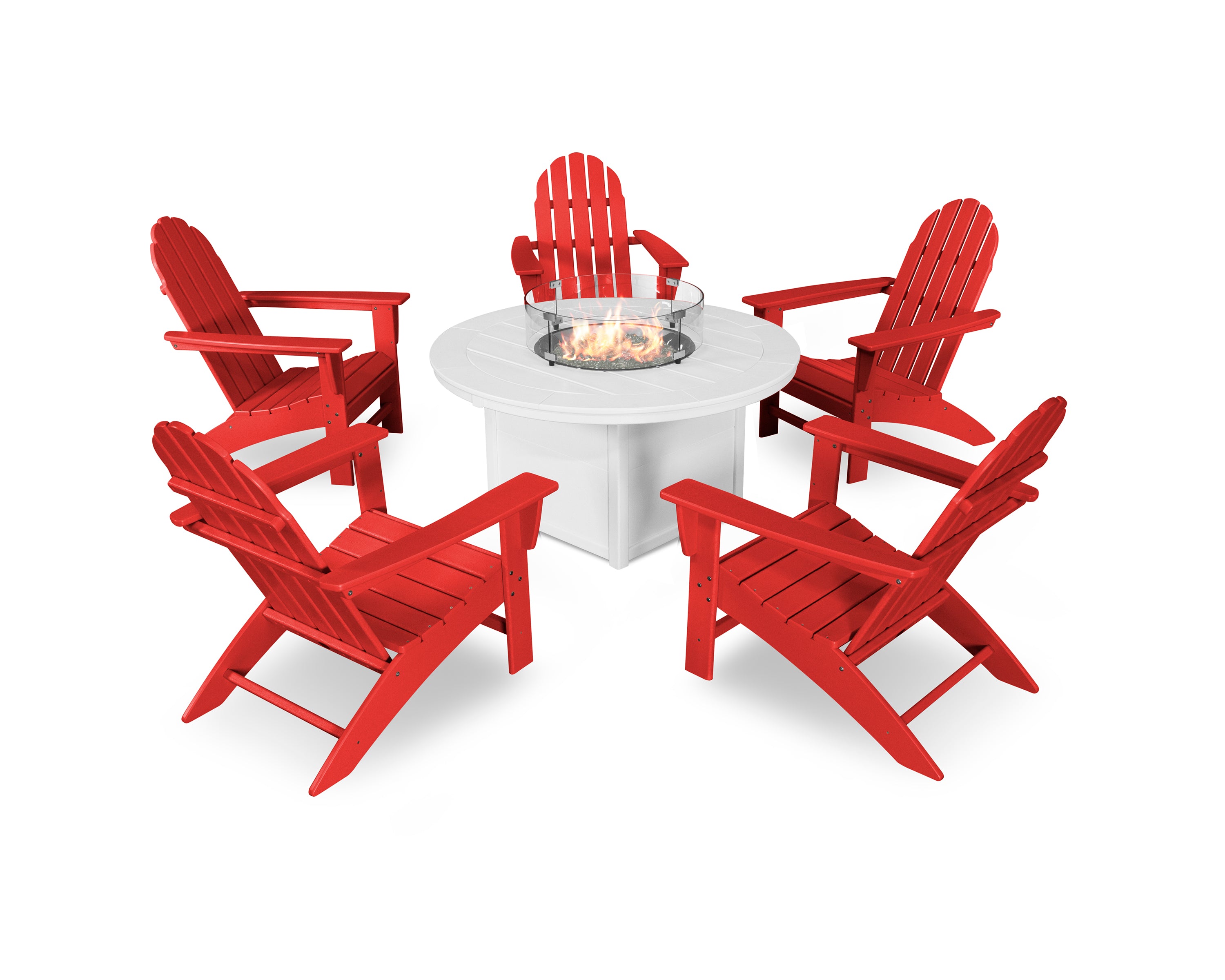 POLYWOOD® Vineyard Adirondack 6-Piece Chat Set with Fire Pit Table in Sunset Red / White