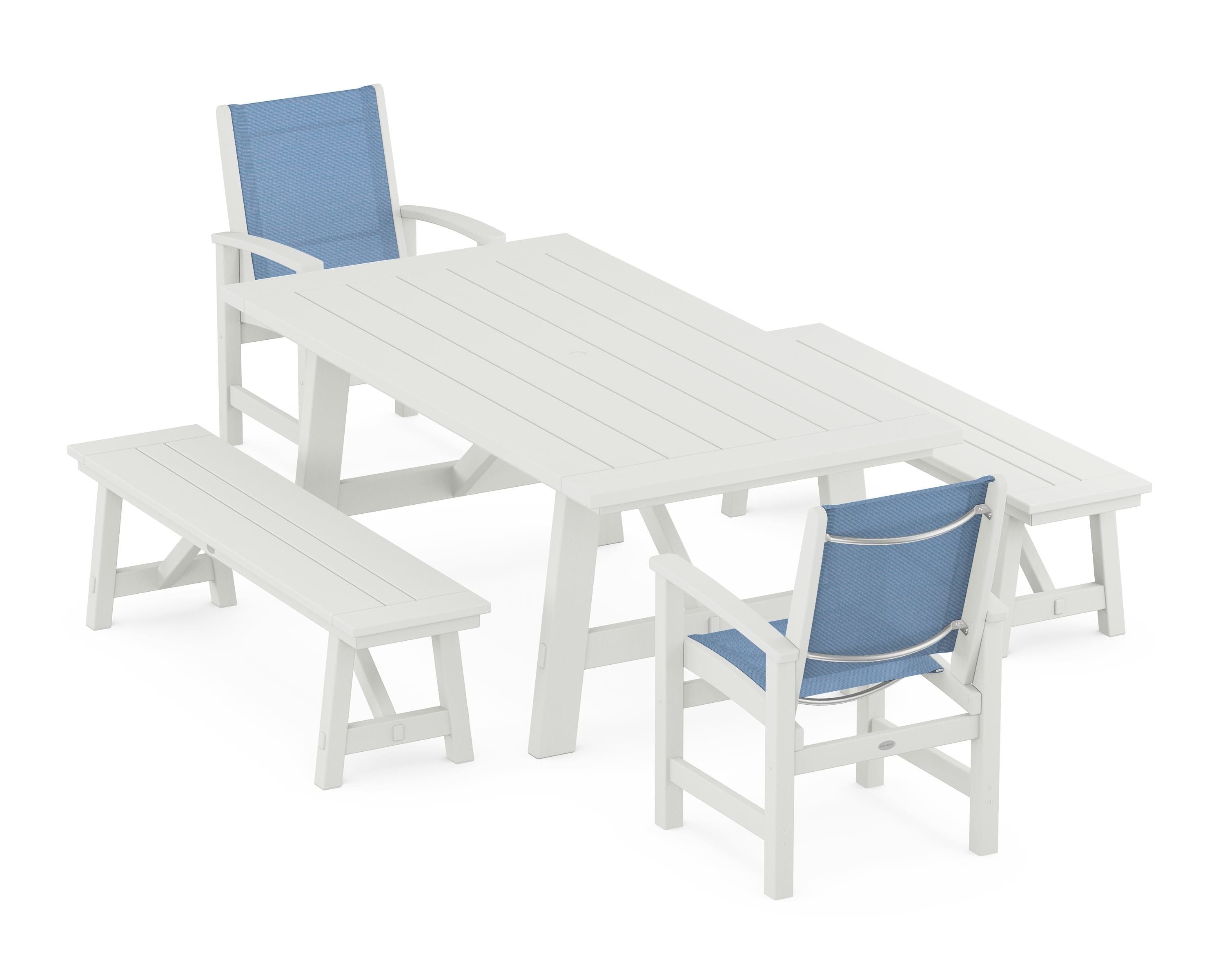 POLYWOOD Coastal 5-Piece Rustic Farmhouse Dining Set With Benches in Vintage White / Poolside Sling