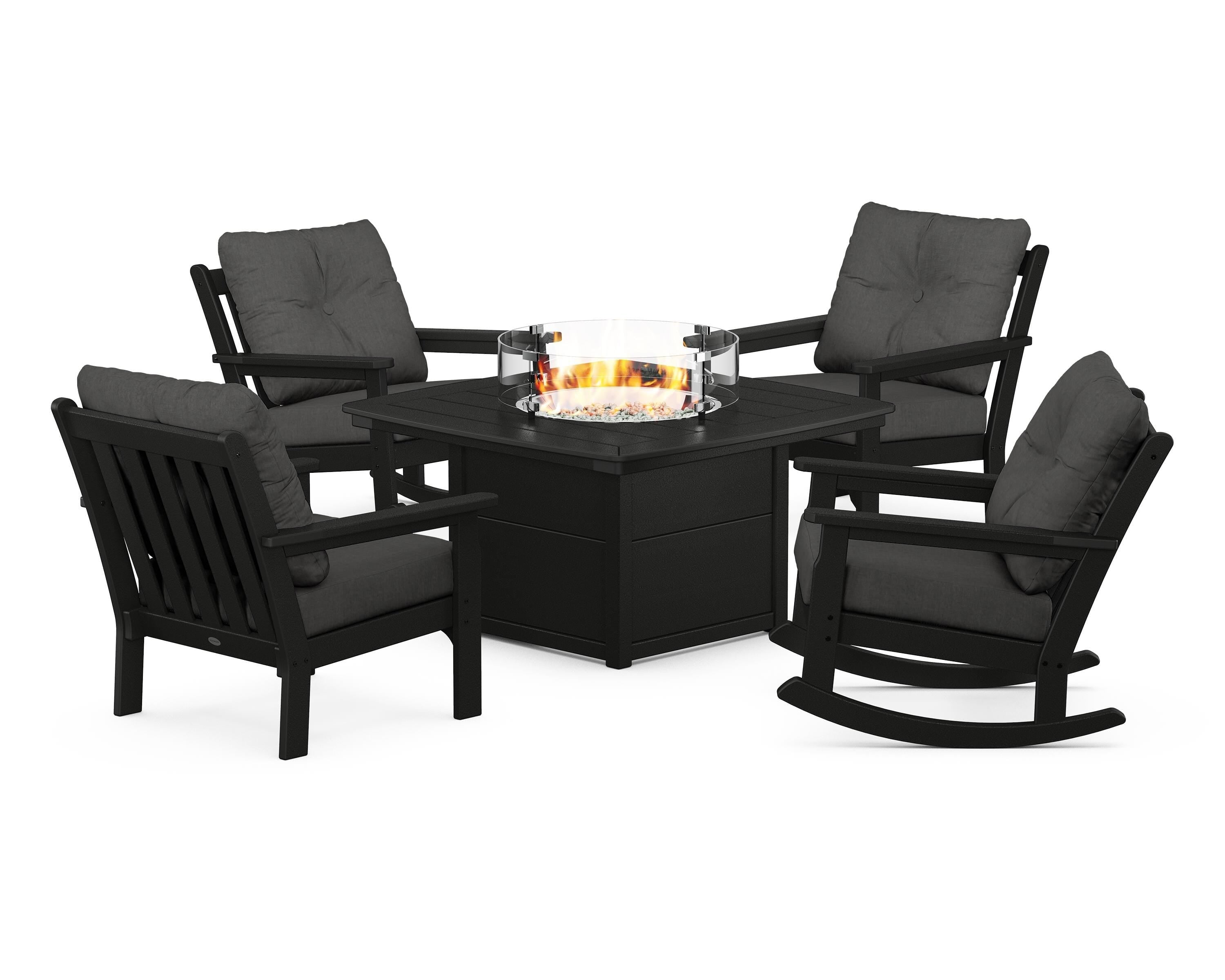 POLYWOOD Vineyard 5-Piece Deep Seating Rocking Chair Conversation Set with Fire Pit Table in Black / Spectrum Carbon