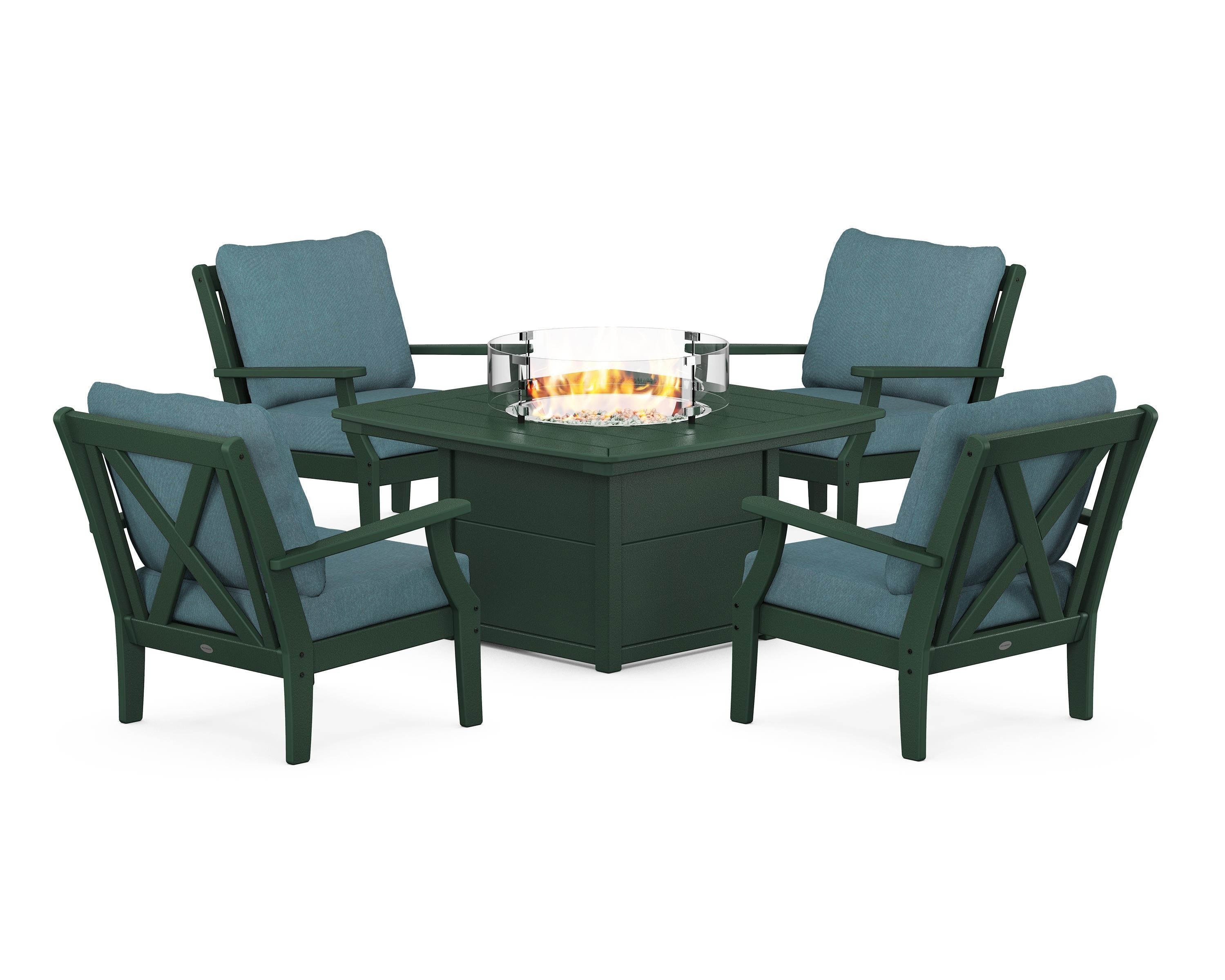 POLYWOOD Braxton 5-Piece Deep Seating Conversation Set with Fire Pit Table in Green / Ocean Teal