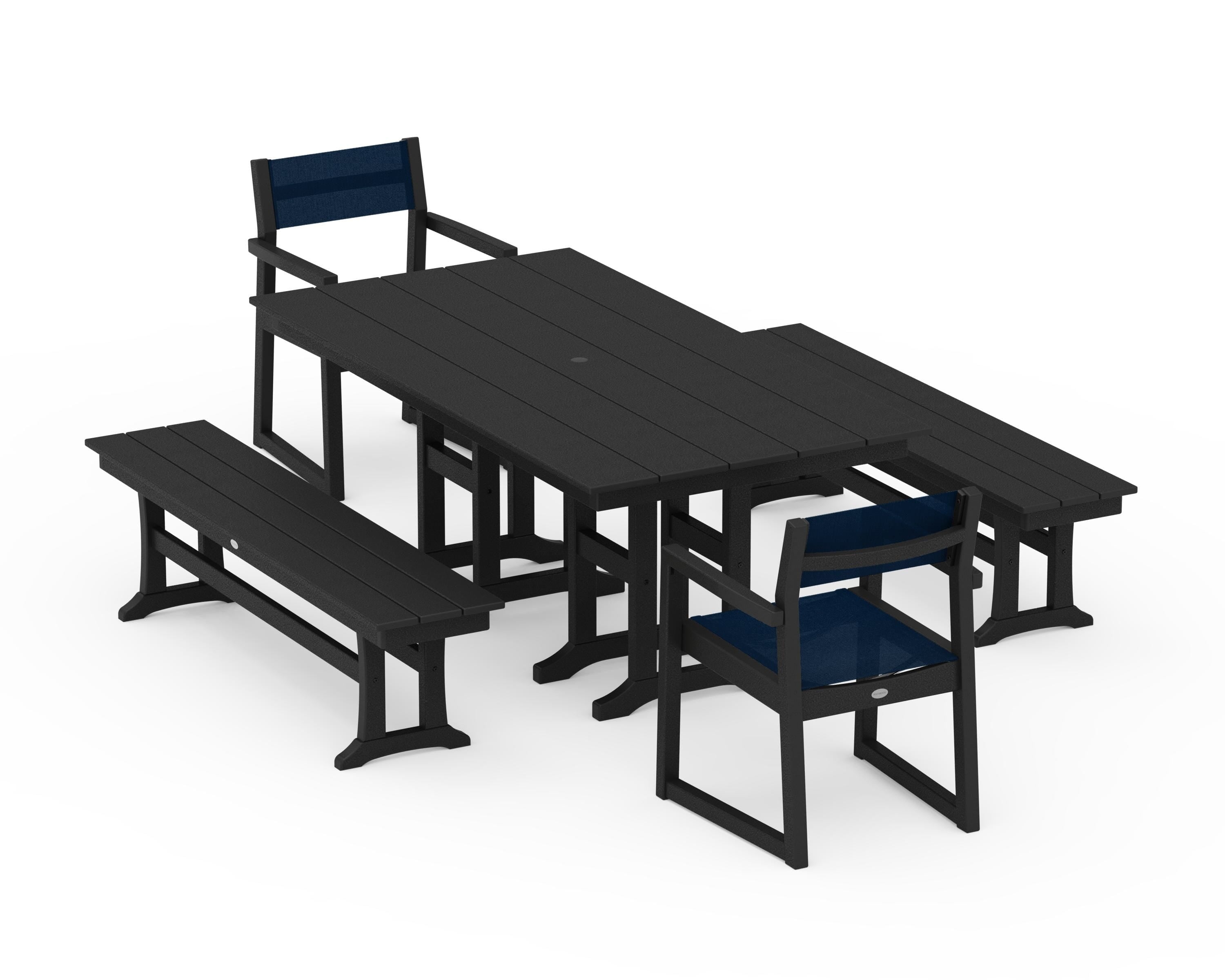 POLYWOOD EDGE Sling Arm Chair 5-Piece Farmhouse Dining Set with Benches in Black / Navy Blue Sling
