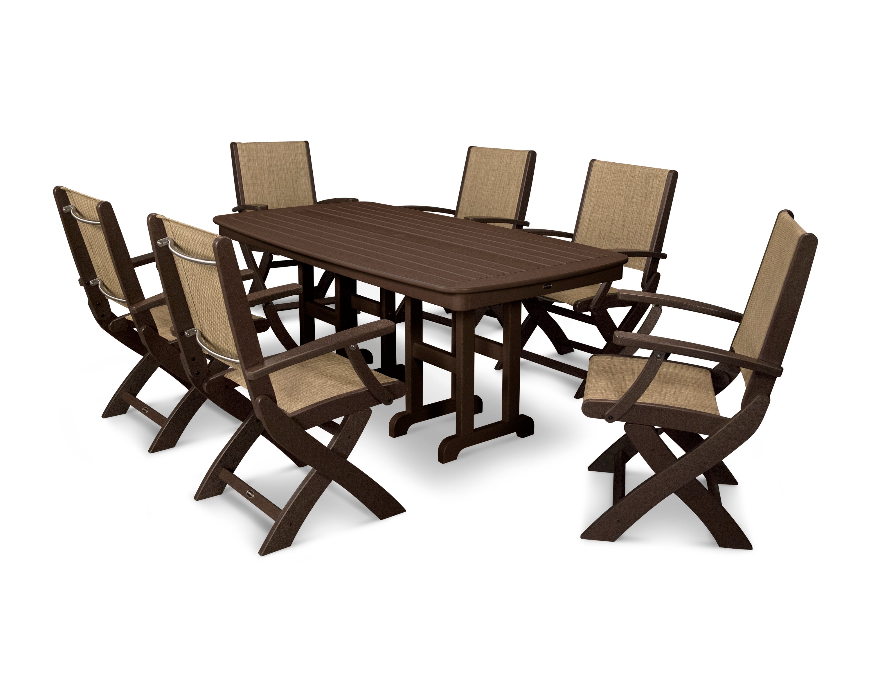 POLYWOOD Coastal Folding Arm Chair 7-Piece Dining Set in Mahogany / Burlap Sling