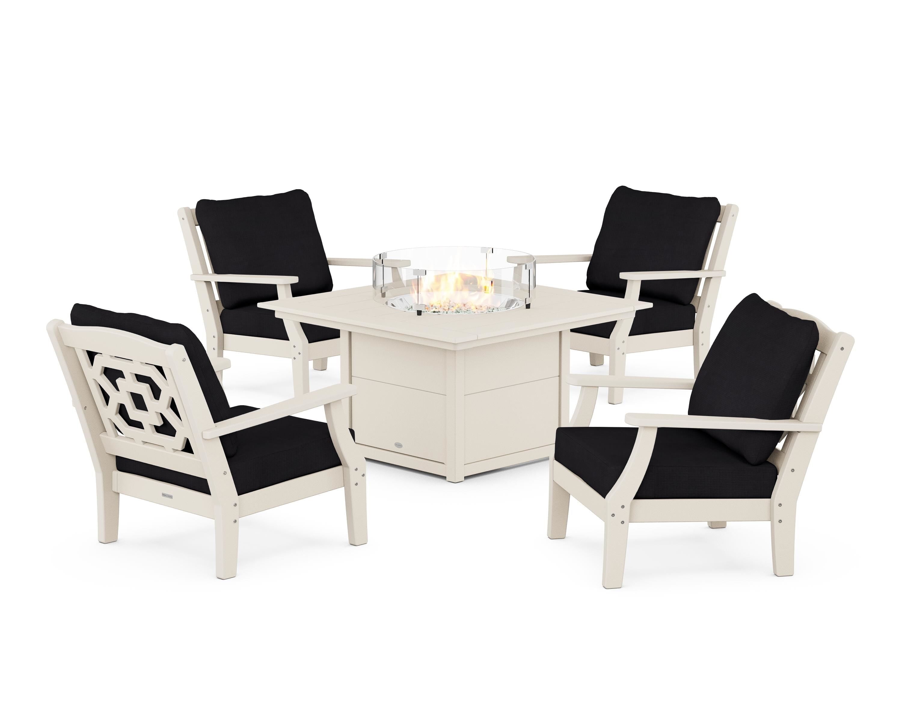 Martha Stewart by POLYWOOD Chinoiserie 5-Piece Deep Seating Set with Fire Pit Table in Sand / Midnight Linen