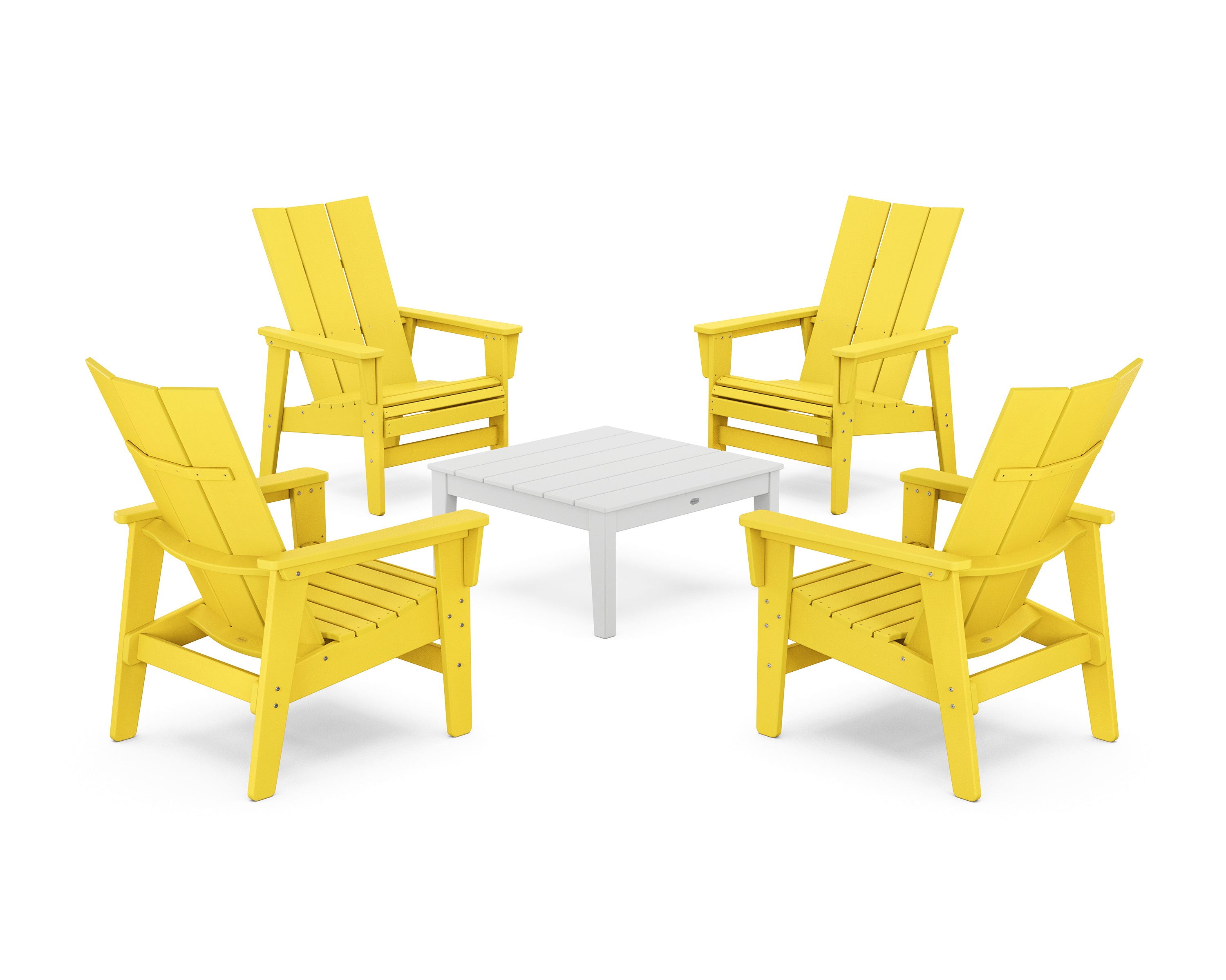 POLYWOOD 5-Piece Modern Grand Upright Adirondack Chair Conversation Group in Lemon / White