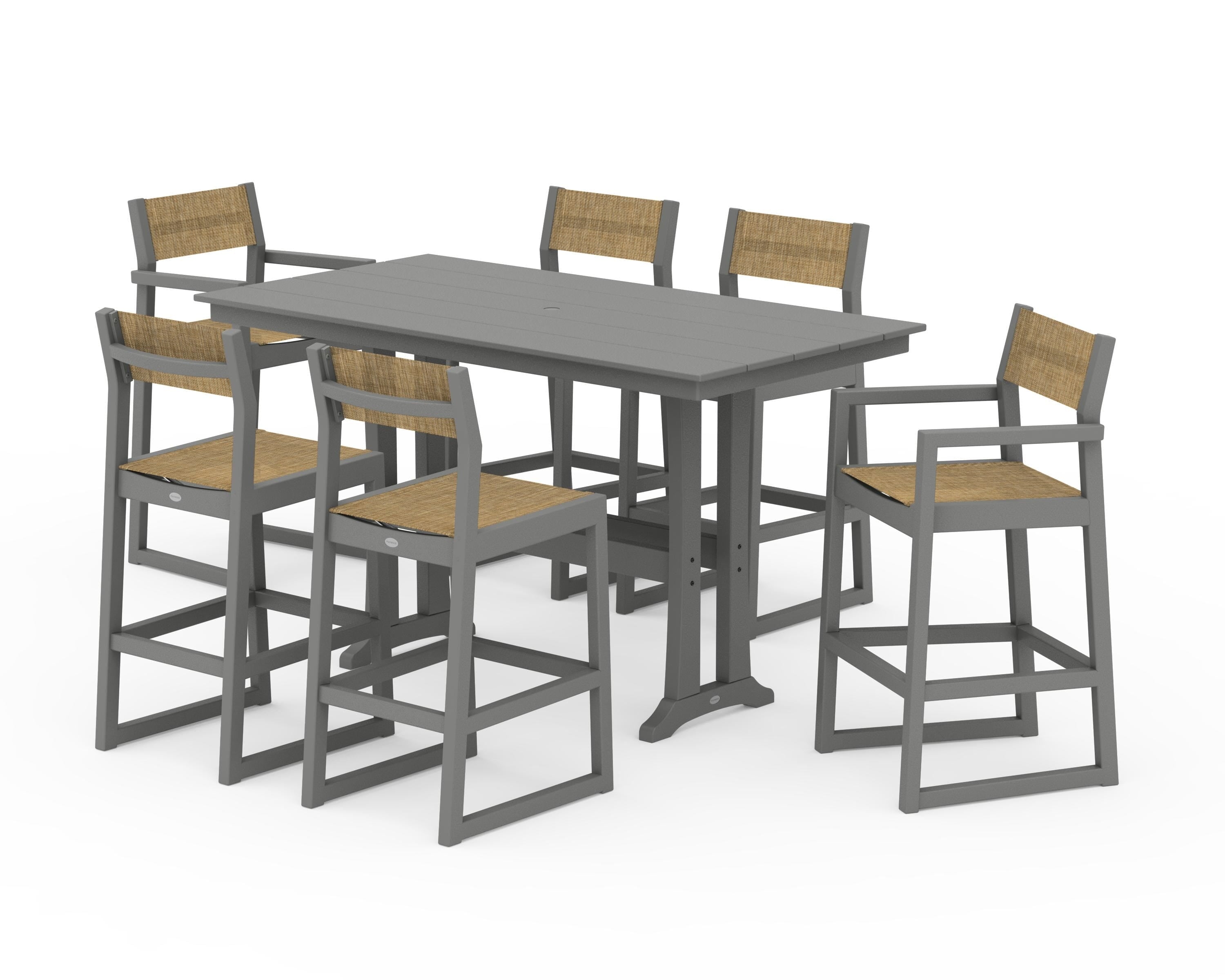 POLYWOOD EDGE Sling 7-Piece Farmhouse Bar Set with Trestle Legs in Slate Grey / Burlap Sling
