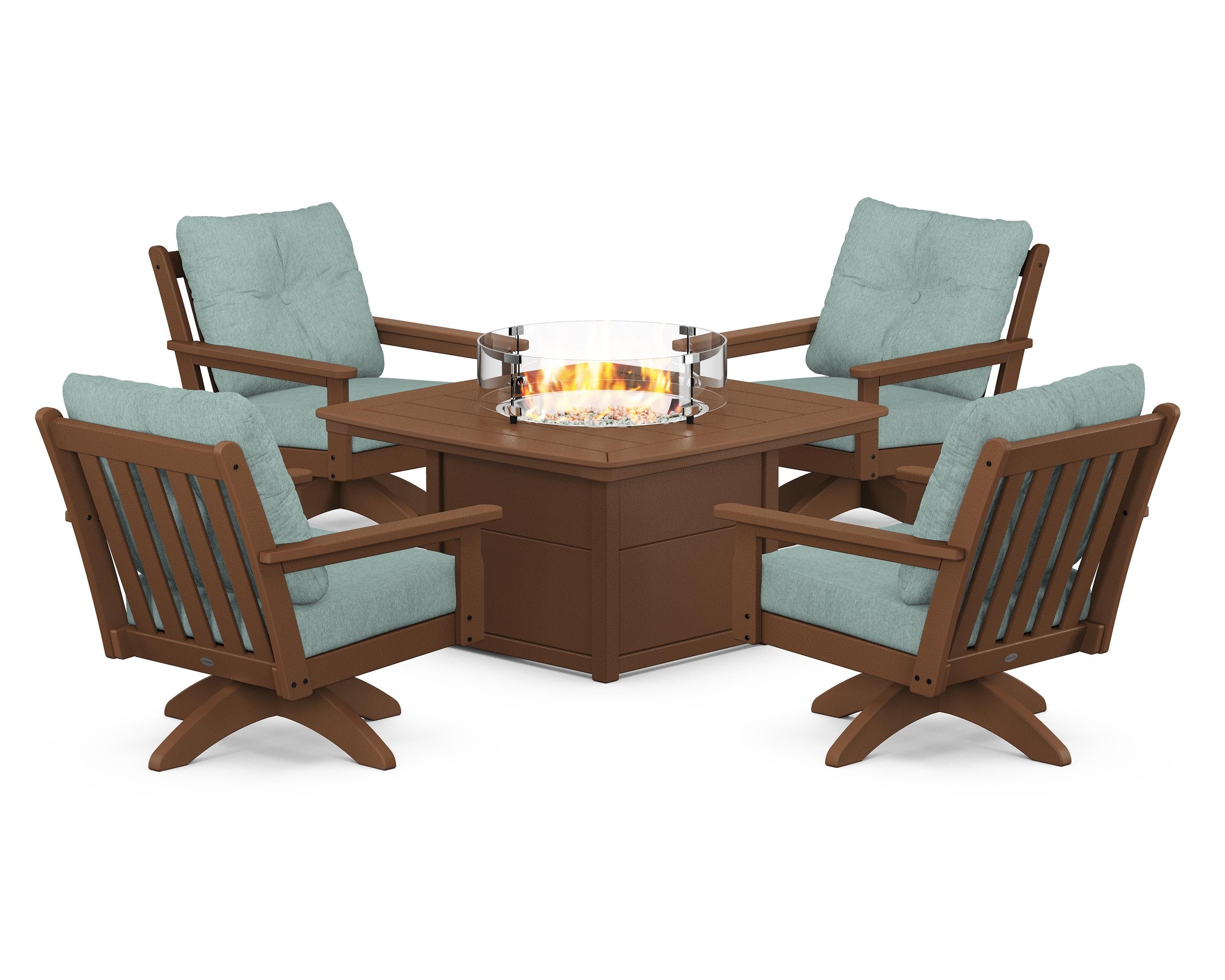 POLYWOOD Vineyard 5-Piece Deep Seating Swivel Conversation Set with Fire Pit Table in Teak / Glacier Spa