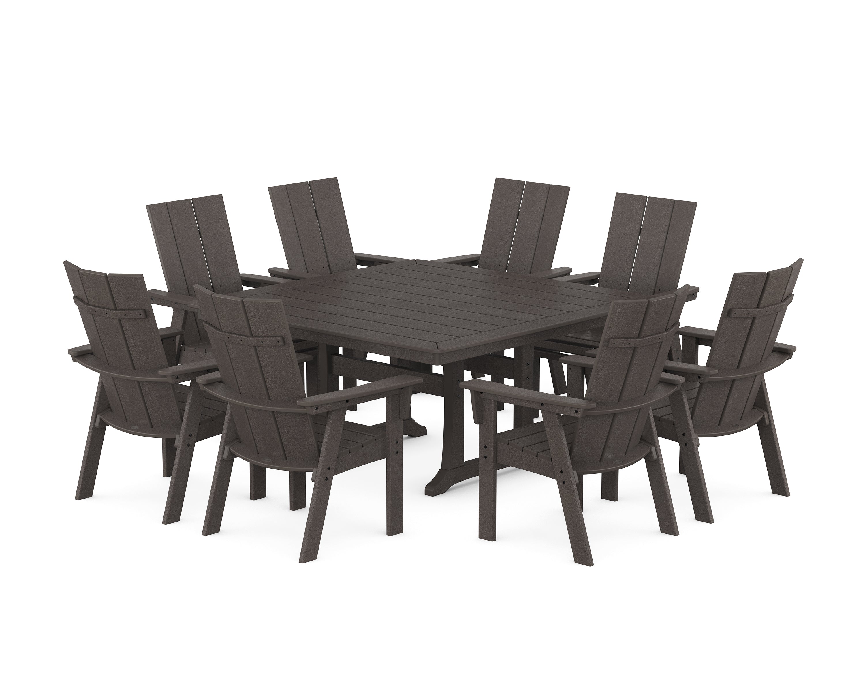 POLYWOOD Modern Curveback Adirondack 9-Piece Square Dining Set with Trestle Legs in Vintage Coffee