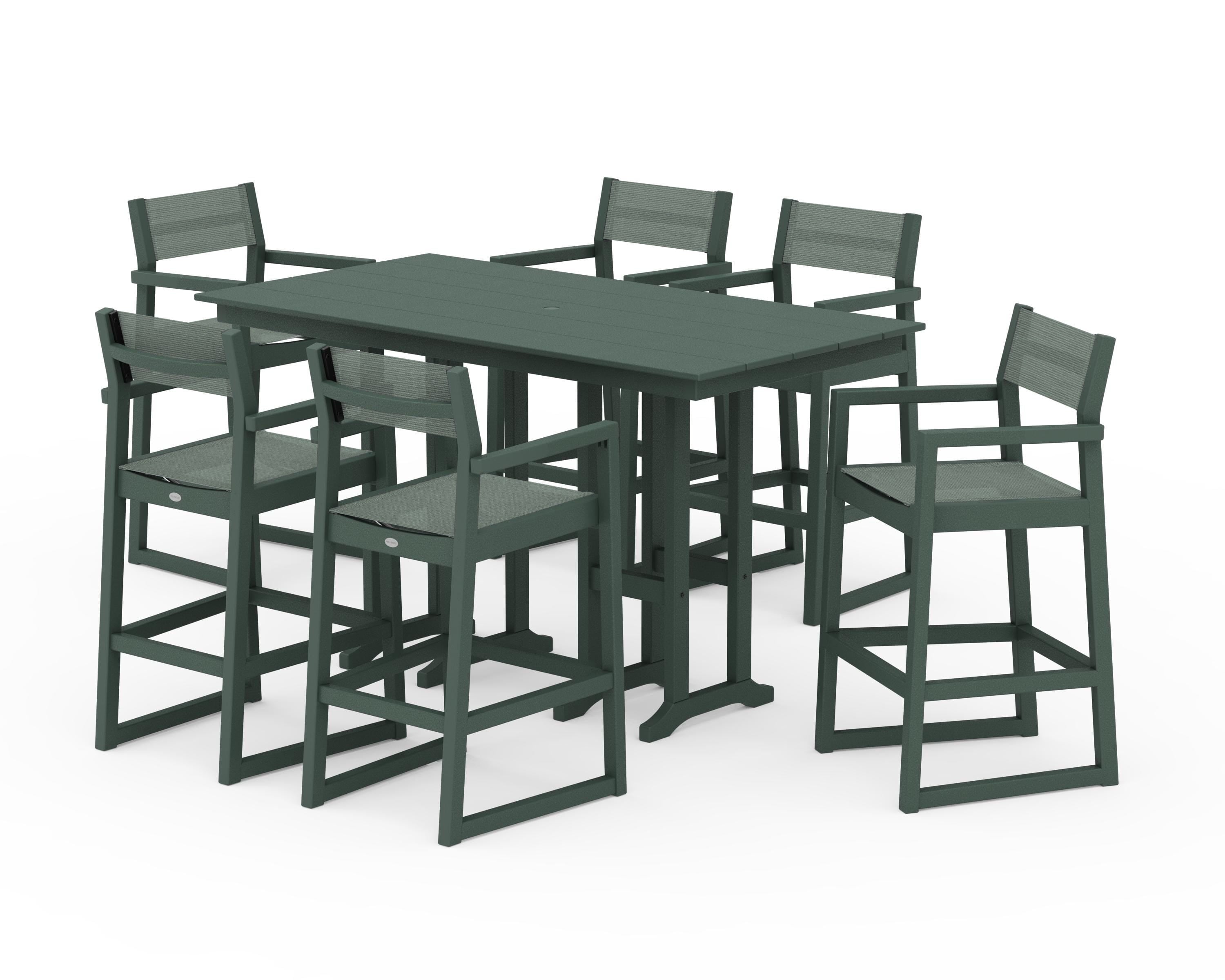 POLYWOOD EDGE Sling Arm Chair 7-Piece Farmhouse Bar Set in Green / Dupioni Sea Mist Sling