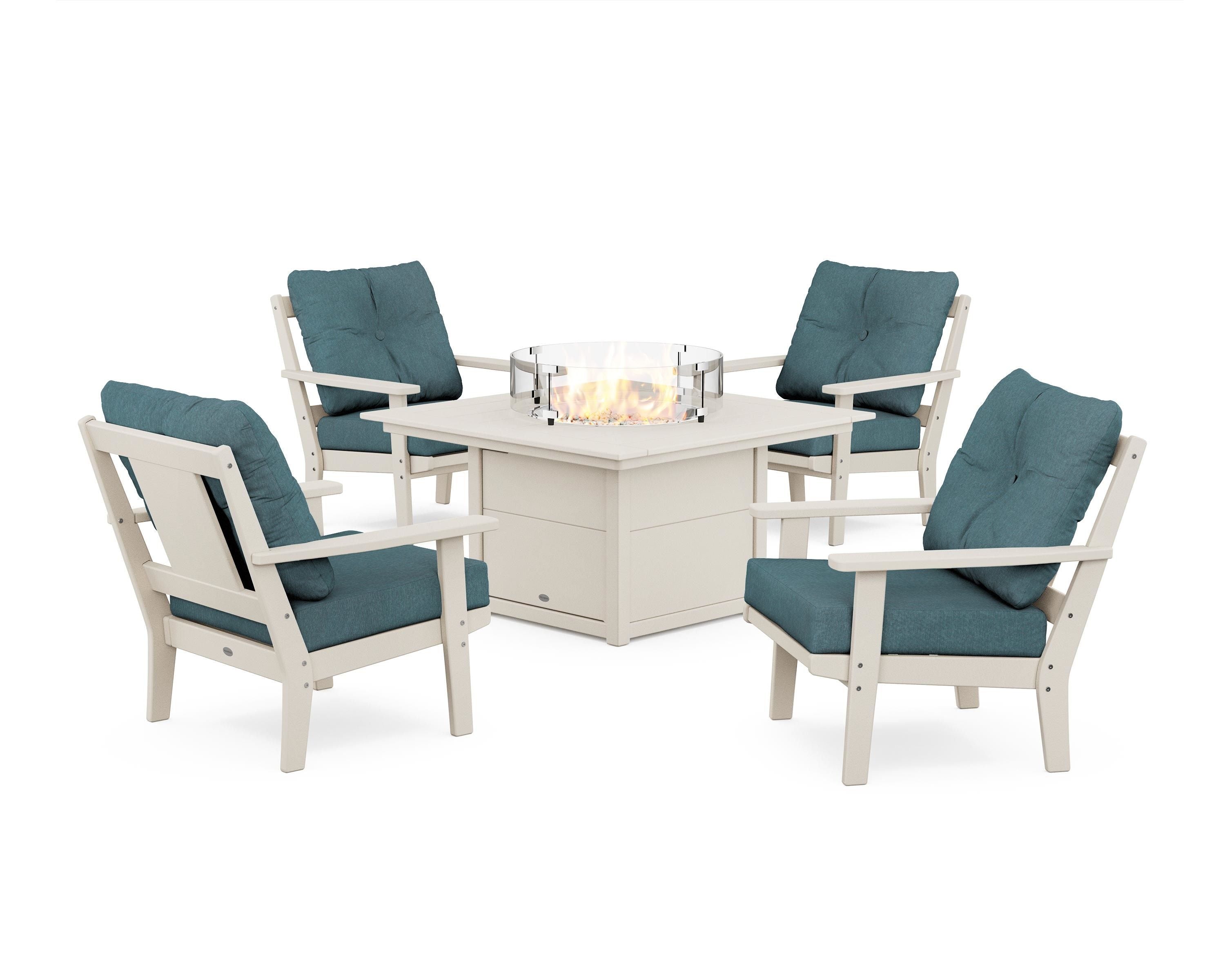 POLYWOOD Prairie 5-Piece Deep Seating Set with Fire Pit Table in Sand / Ocean Teal