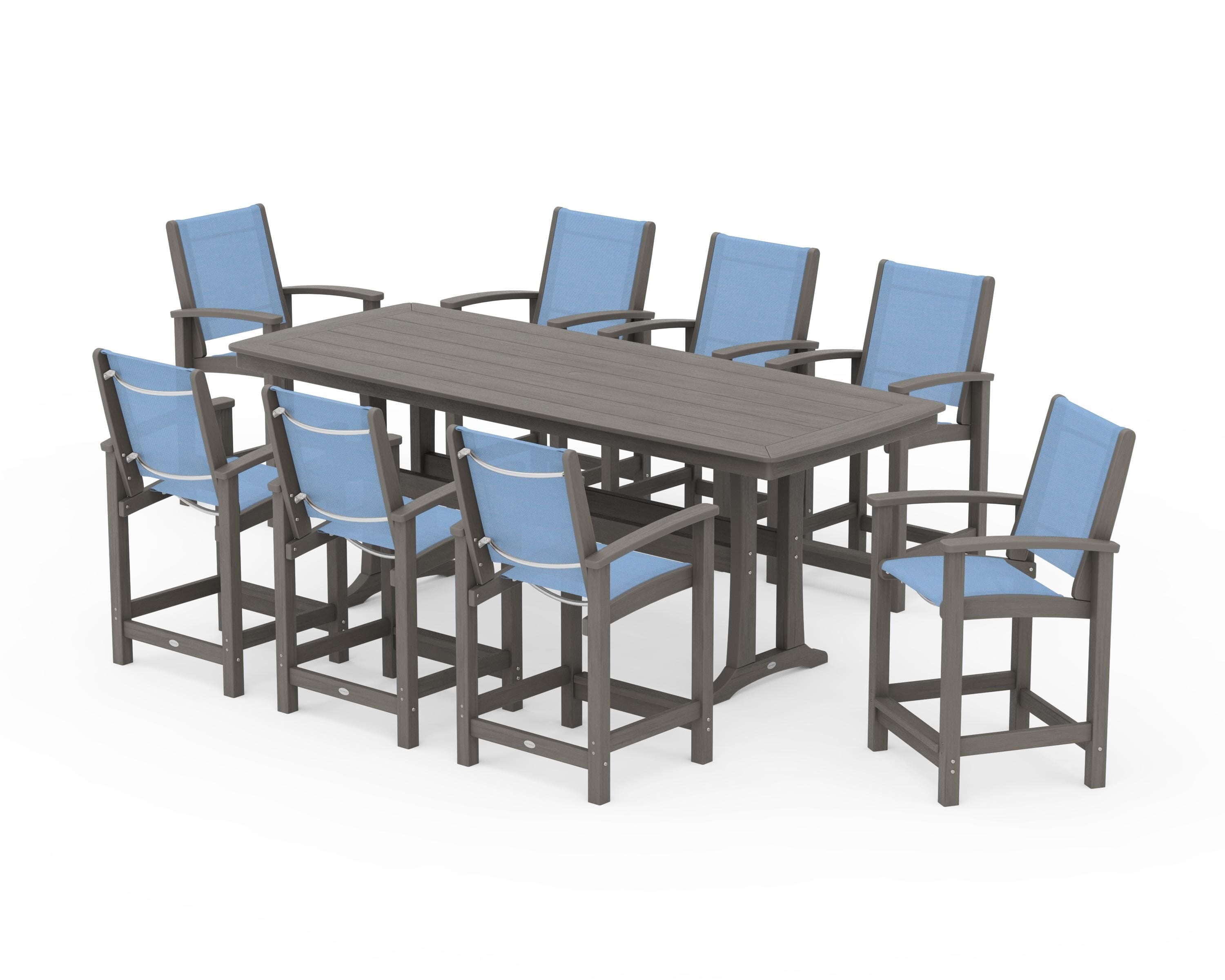 POLYWOOD Coastal 9-Piece Counter Set with Trestle Legs in Driftwood / Poolside Sling