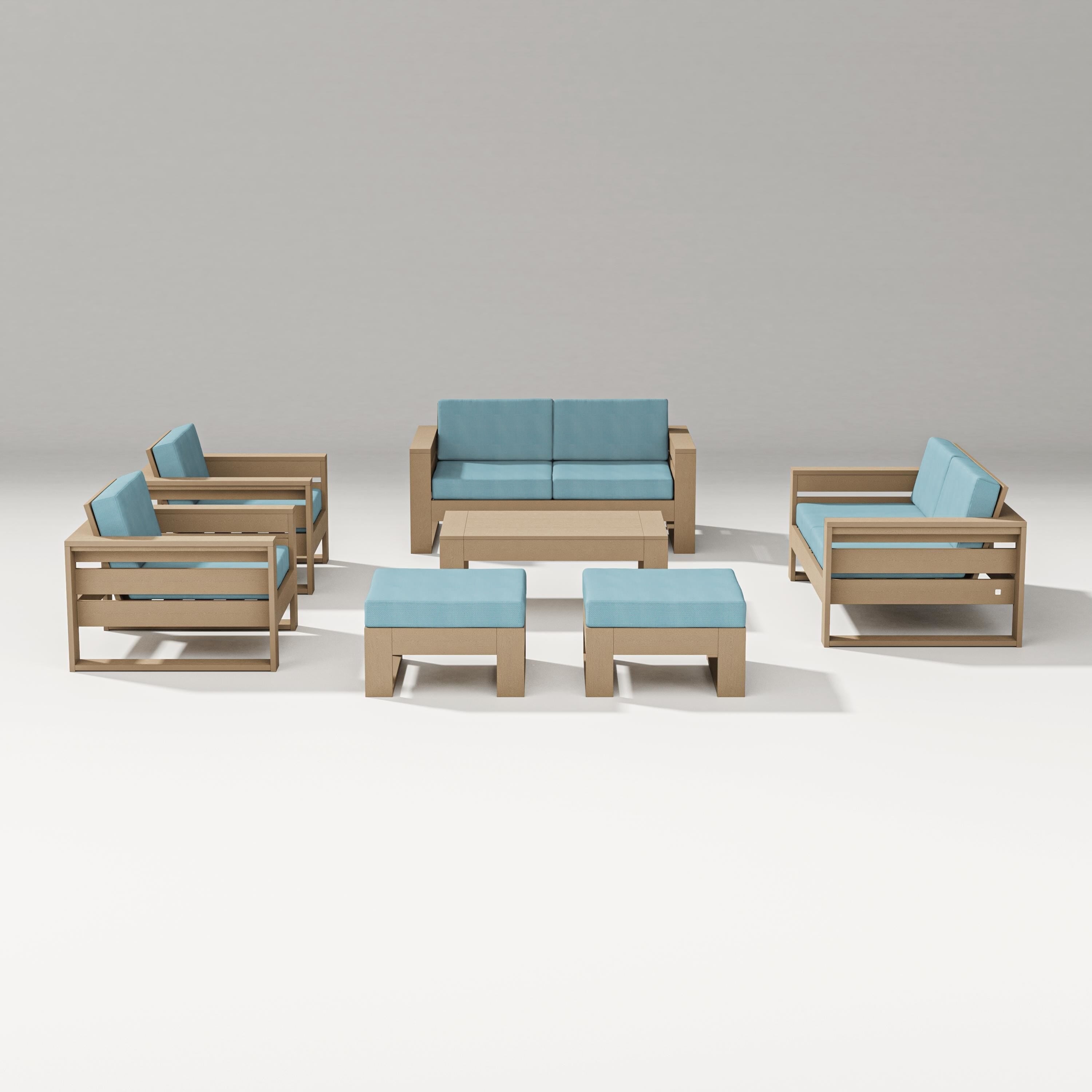 PW Designer Series Latitude 7-Piece Lounge Loveseat Set in Vintage Sahara / Lattice Sky Blue