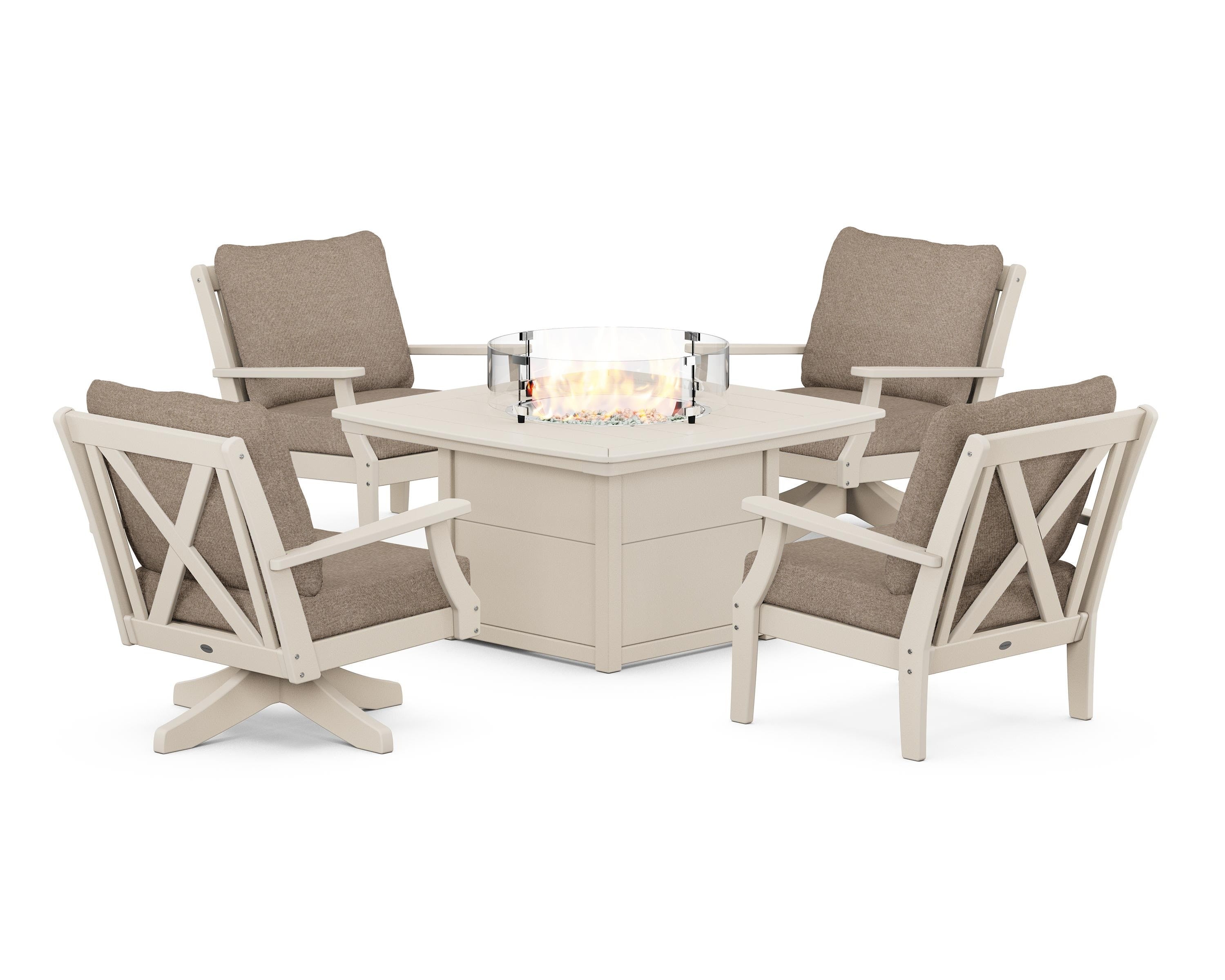 POLYWOOD Braxton 5-Piece Deep Seating Set with Fire Table in Sand / Spiced Burlap