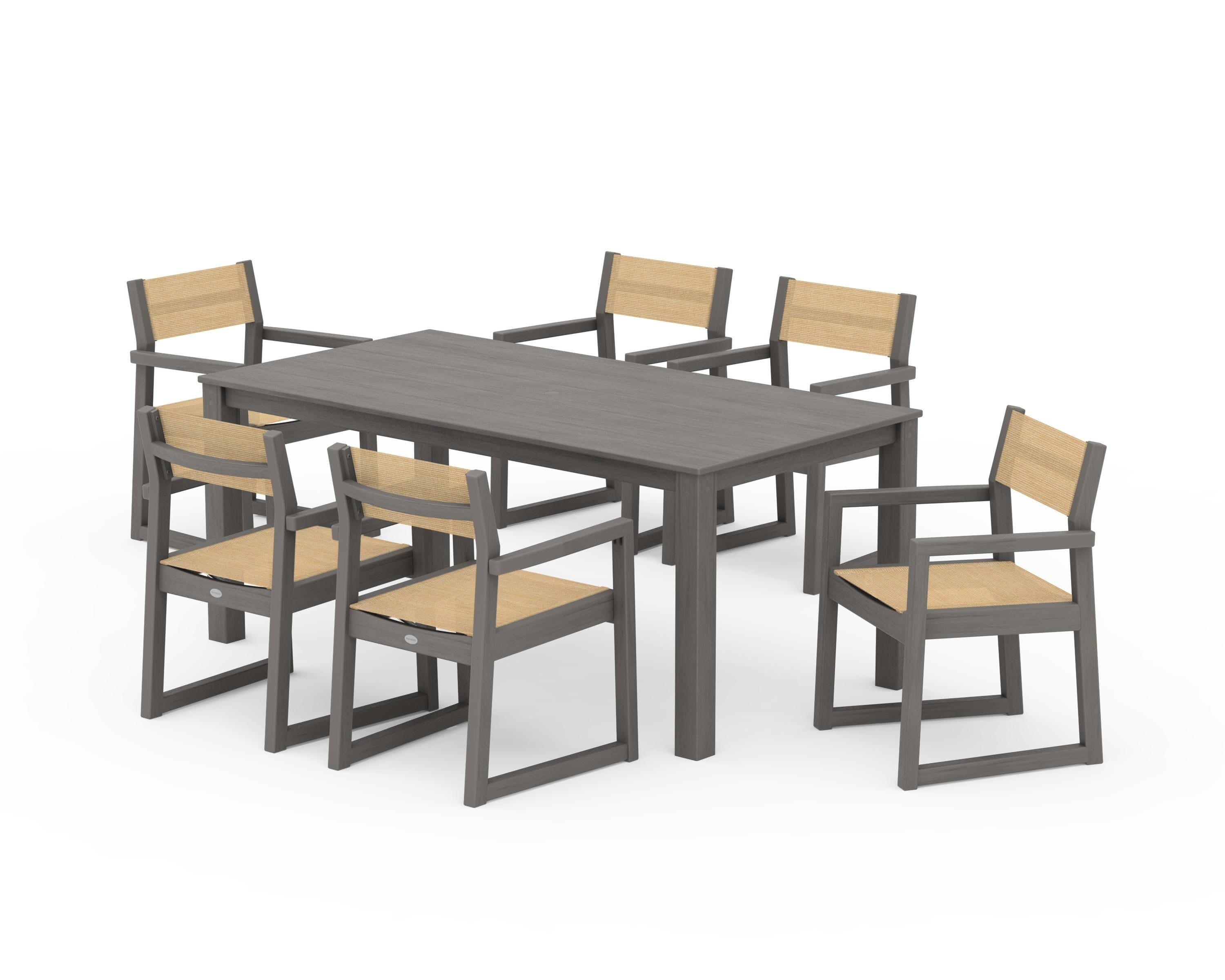 POLYWOOD EDGE Sling Arm Chair 7-Piece Parsons Dining Set in Driftwood / Dupioni Apricot Sling