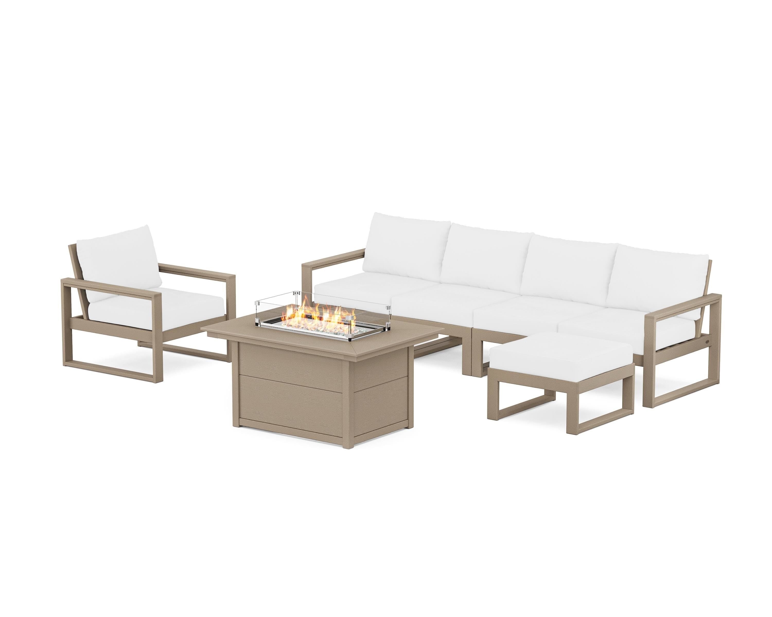 POLYWOOD EDGE Sectional Lounge and Fire Pit Set in Vintage Sahara / Natural