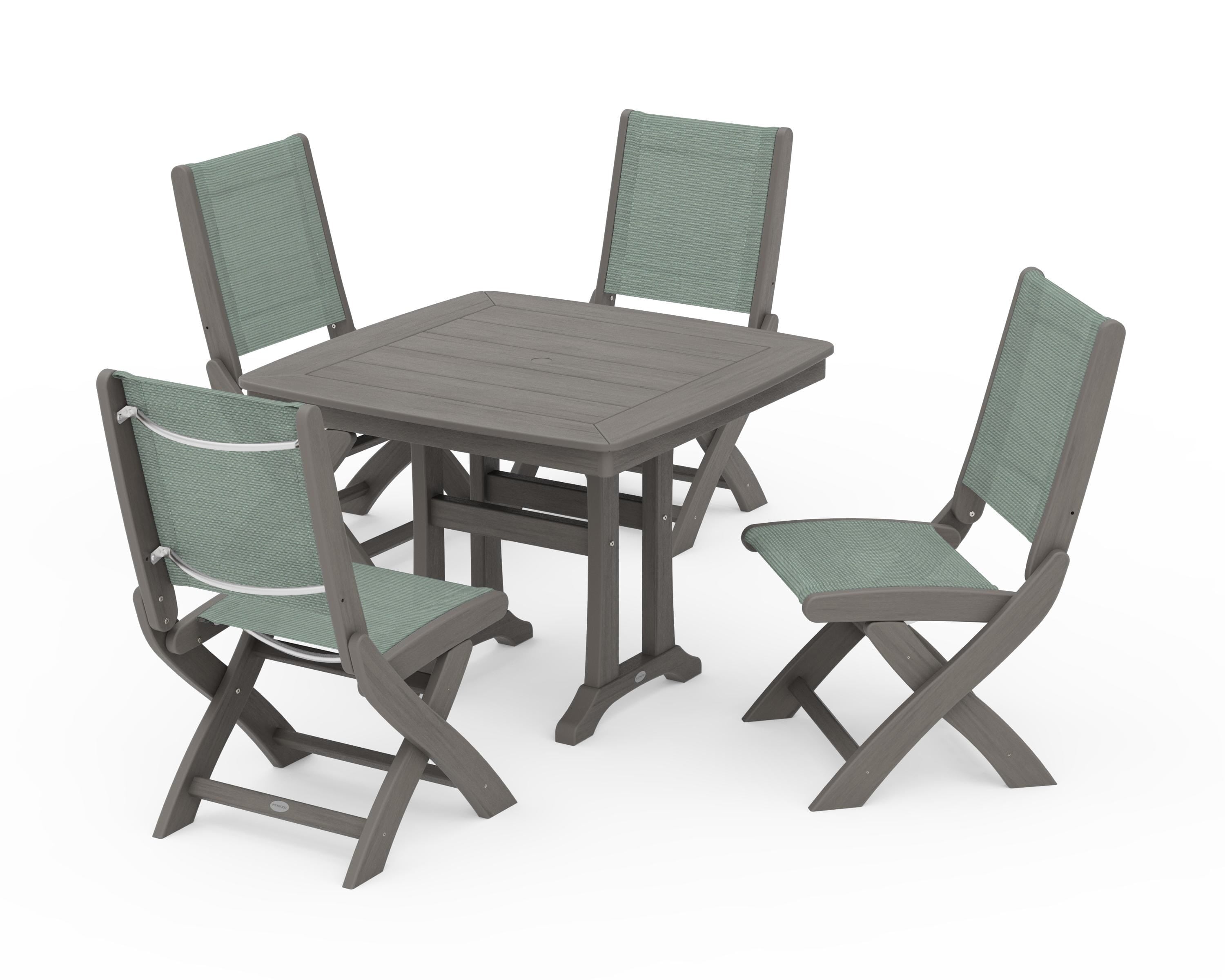 POLYWOOD Coastal Folding Side Chair 5-Piece Dining Set with Trestle Legs in Driftwood / Dupioni Sea Mist Sling