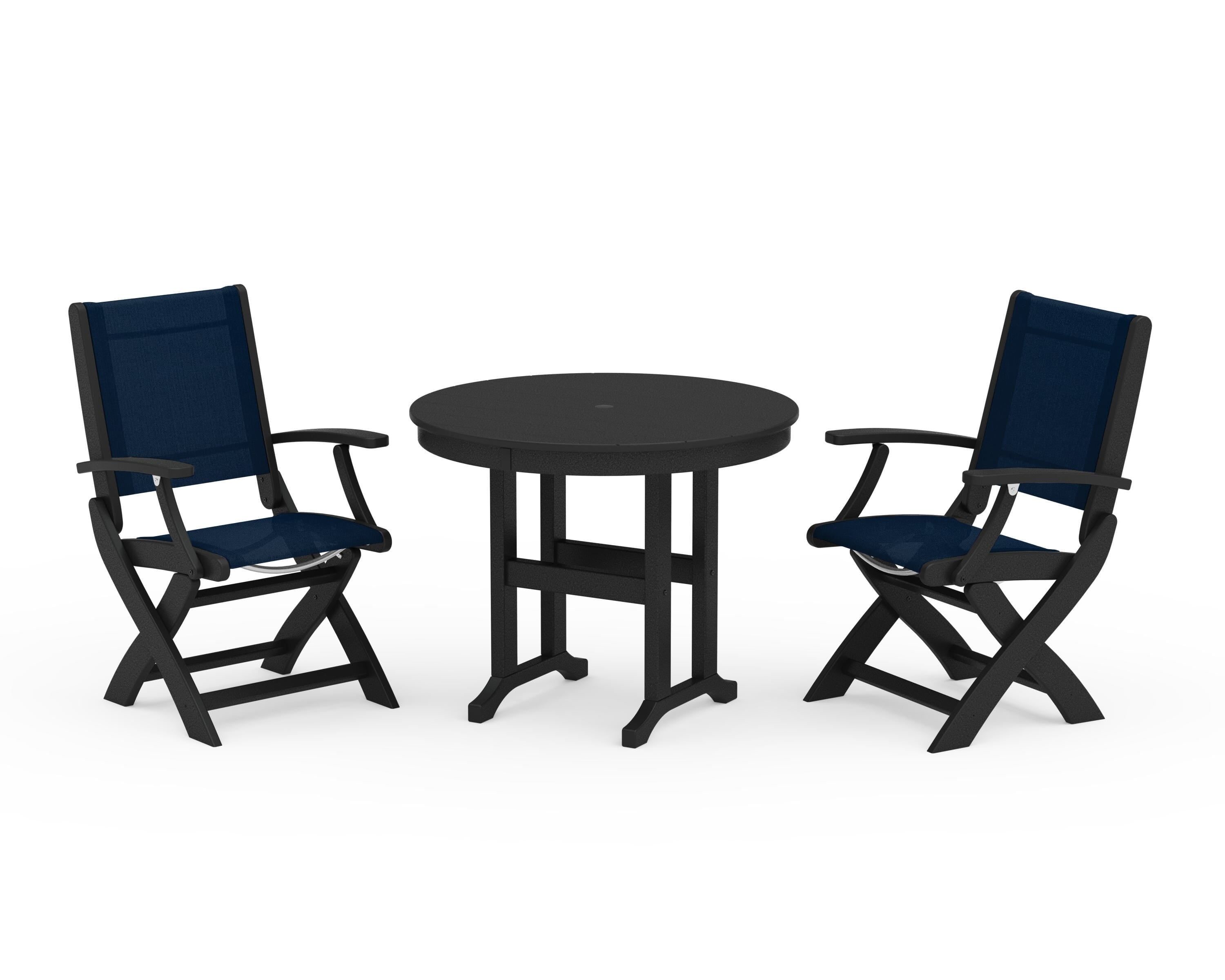 POLYWOOD Coastal Folding Chair 3-Piece Round Dining Set in Black / Navy Blue Sling