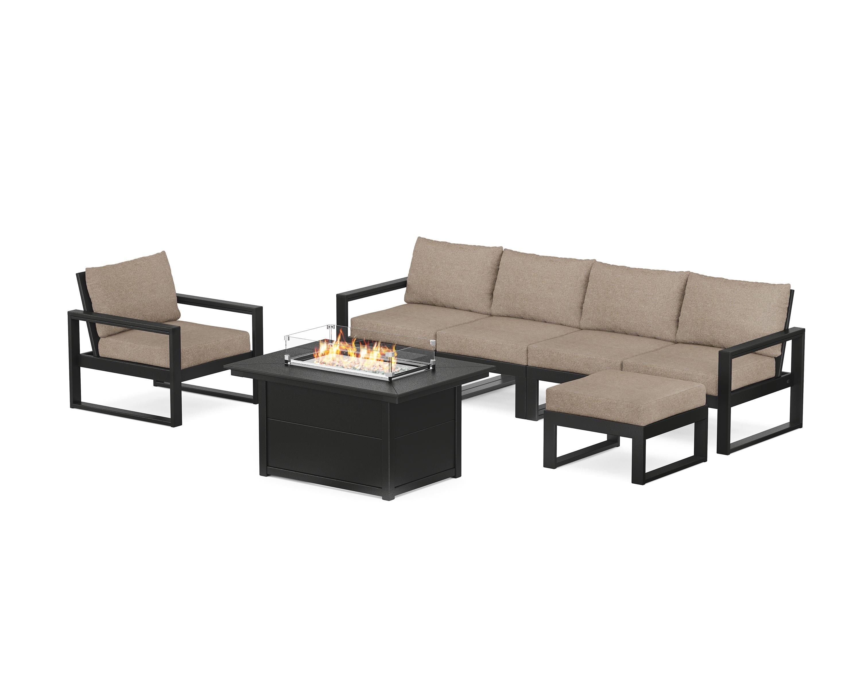 POLYWOOD EDGE Sectional Lounge and Fire Pit Set in Black / Spiced Burlap