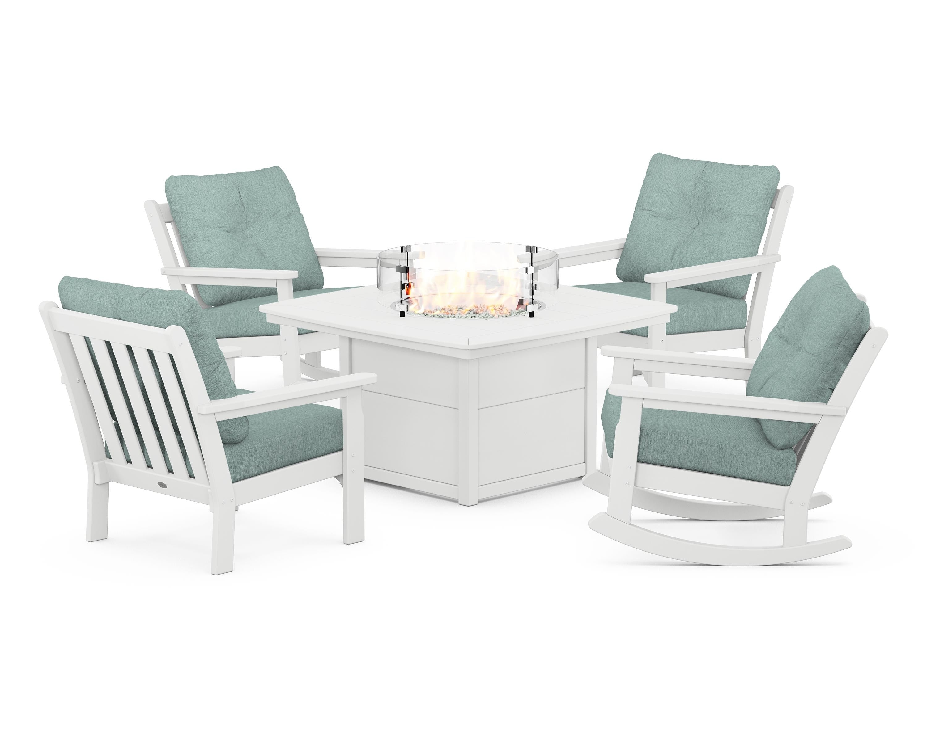 POLYWOOD Vineyard 5-Piece Deep Seating Rocking Chair Conversation Set with Fire Pit Table in White / Glacier Spa
