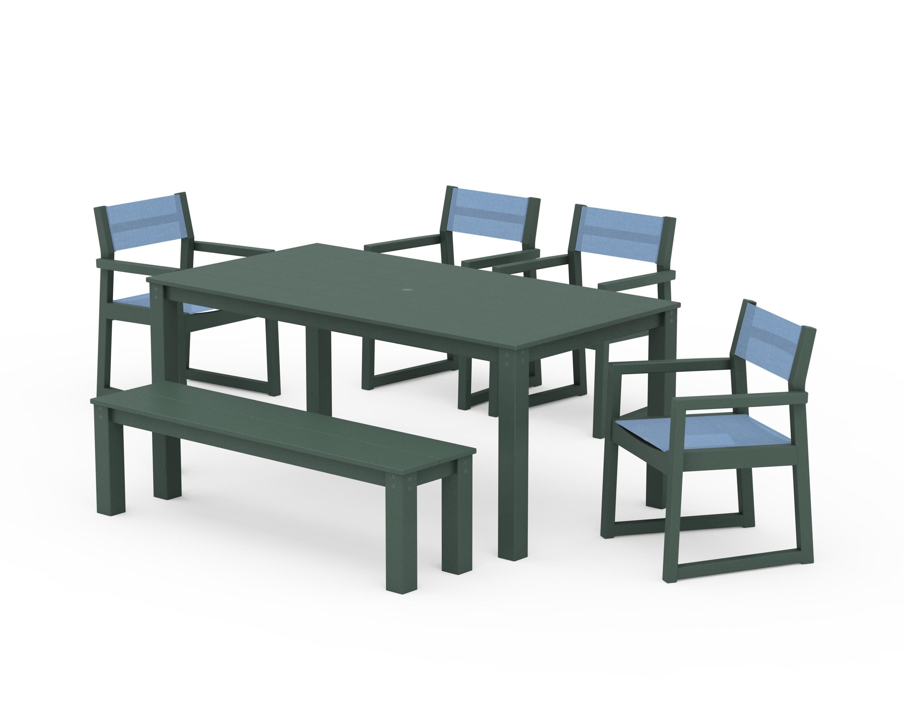 POLYWOOD EDGE Sling Arm Chair 6-Piece Parsons Dining Set with Bench in Green / Poolside Sling