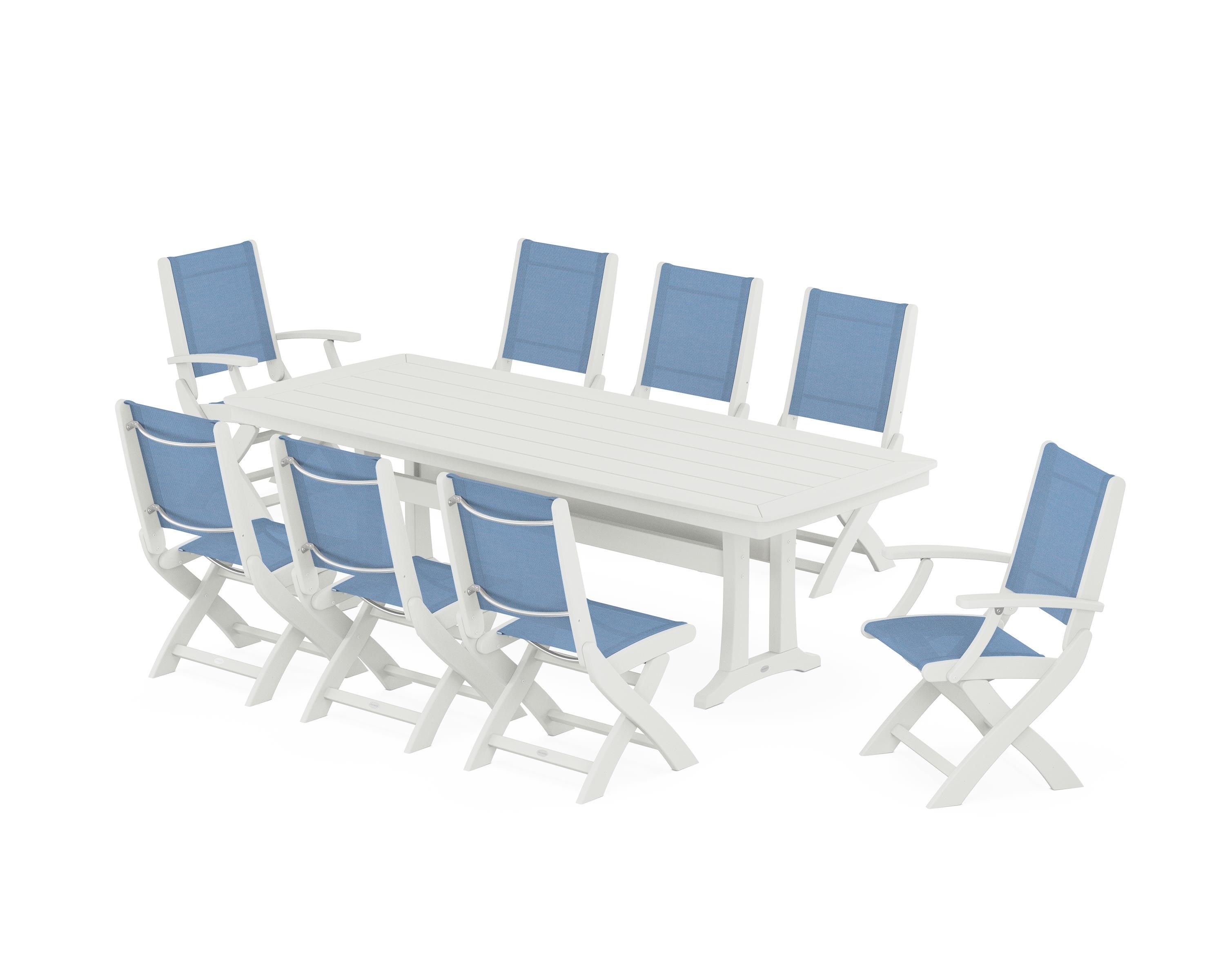 POLYWOOD Coastal Folding 9-Piece Dining Set with Trestle Legs in Vintage White / Poolside Sling