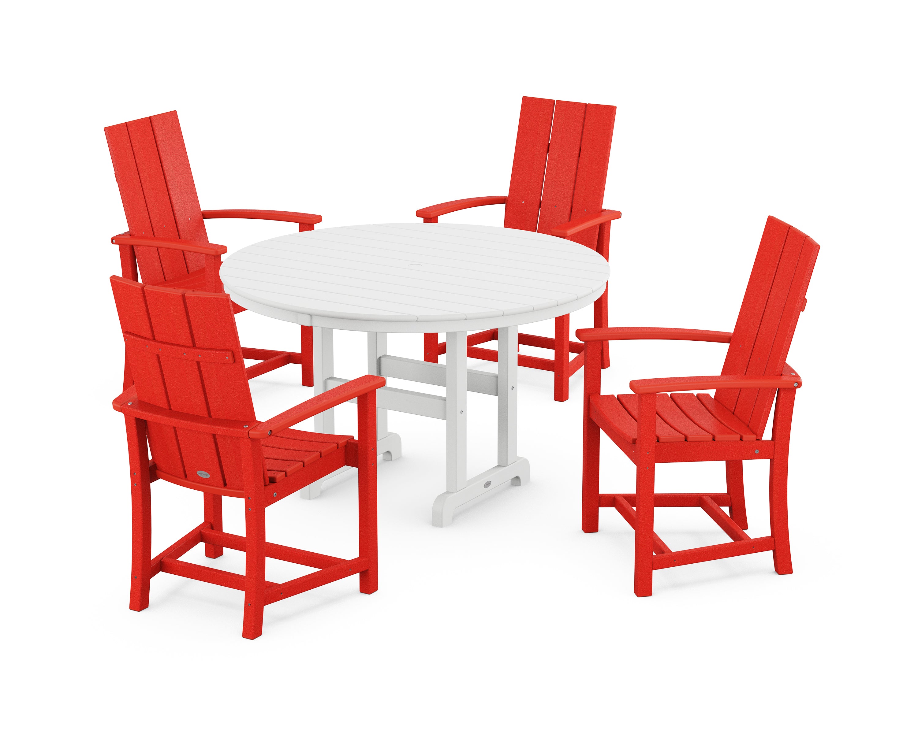 POLYWOOD® Modern Adirondack 5-Piece Round Farmhouse Dining Set in Sunset Red / White