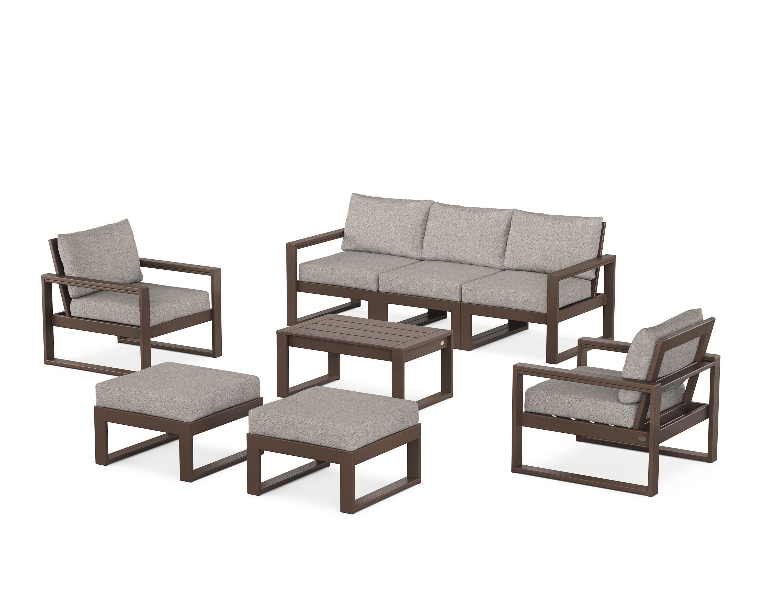POLYWOOD EDGE Sectional 8-Piece Lounge Sofa Set in Mahogany / Weathered Tweed