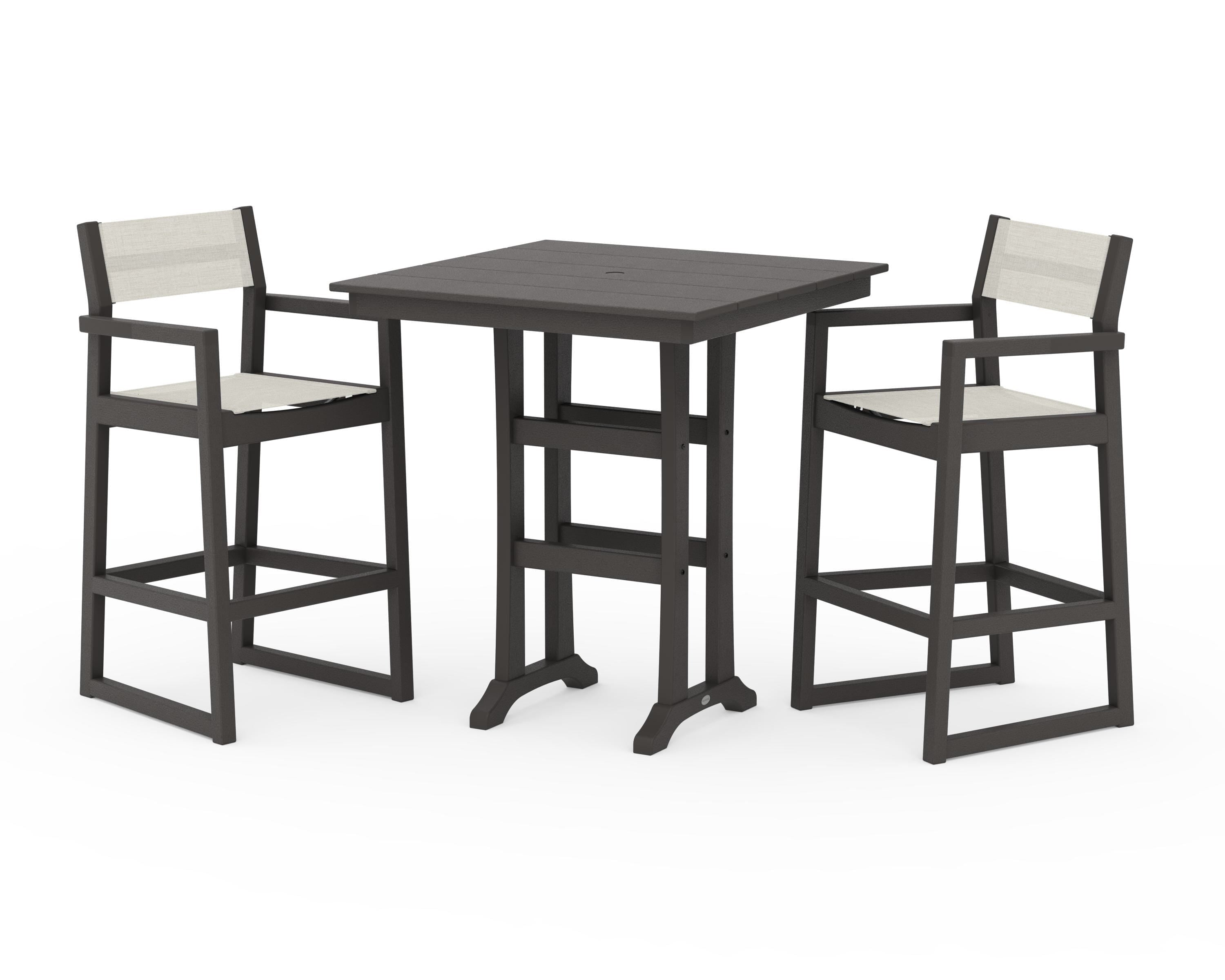 POLYWOOD EDGE Sling Arm Chair 3-Piece Farmhouse Bar Set with Trestle Legs in Vintage Coffee / Parchment Sling