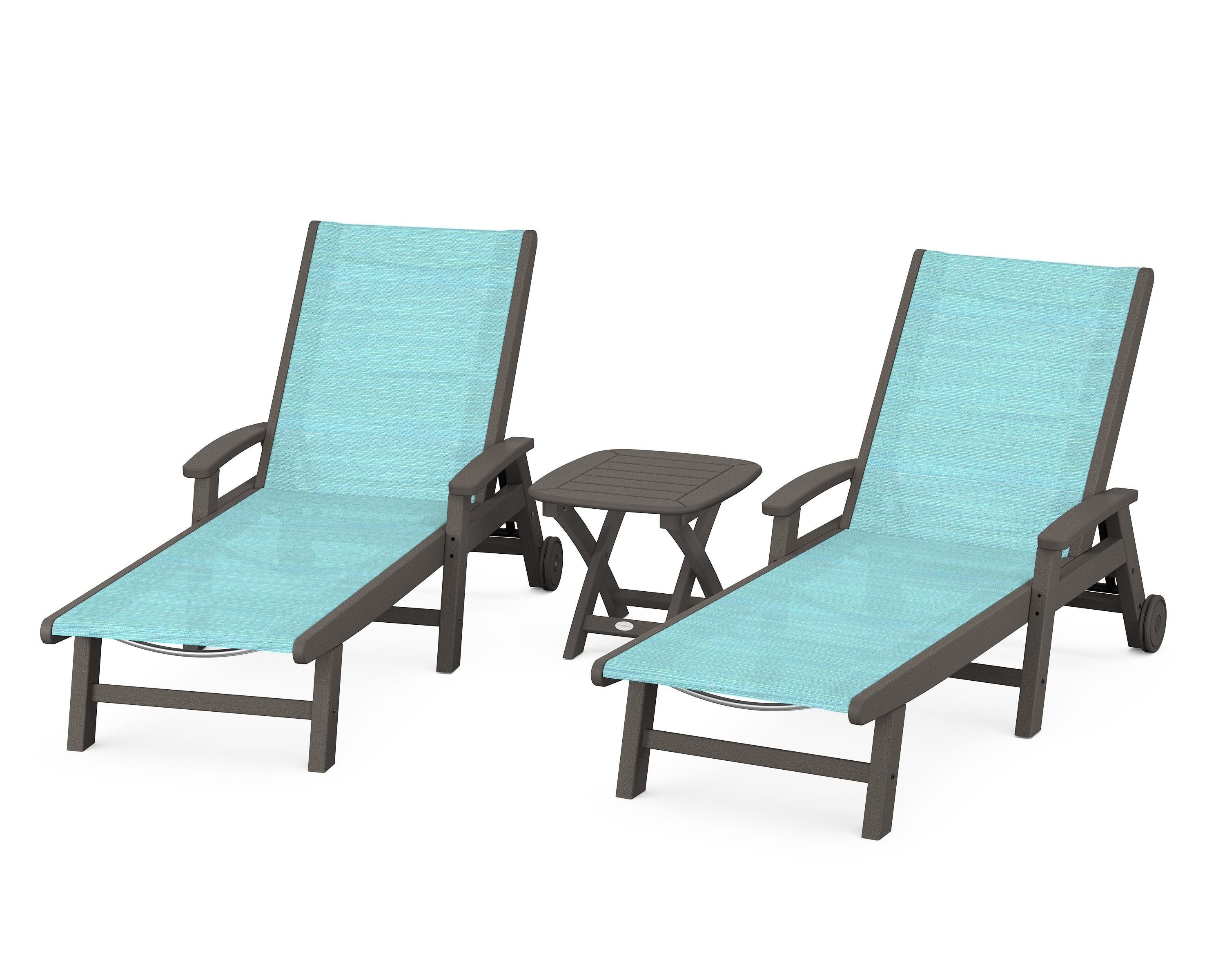 POLYWOOD Coastal 3-Piece Wheeled Chaise Set in Vintage Coffee / Dupioni Aquamarine Sling