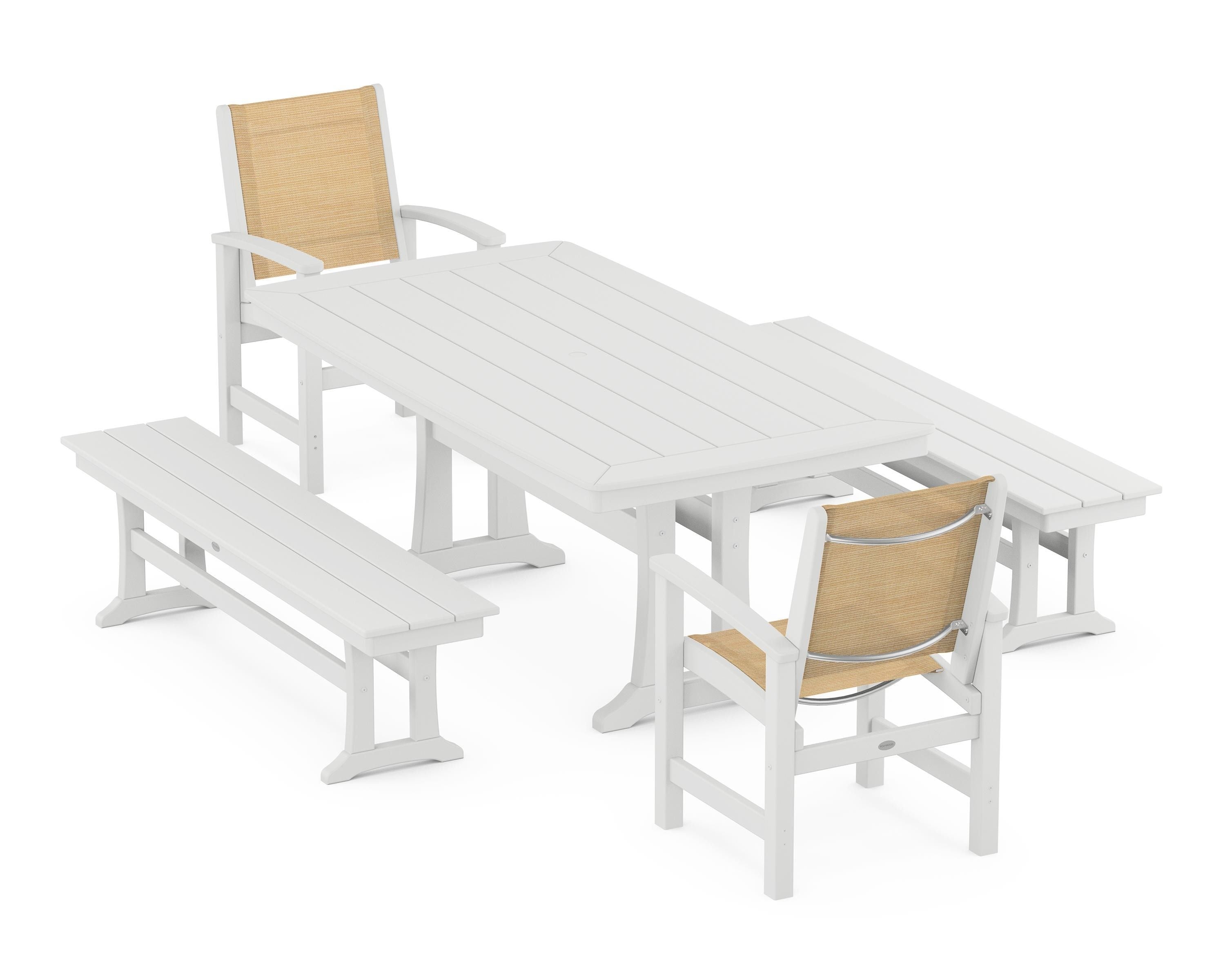 POLYWOOD Coastal 5-Piece Dining Set with Trestle Legs and Benches in White / Dupioni Apricot Sling