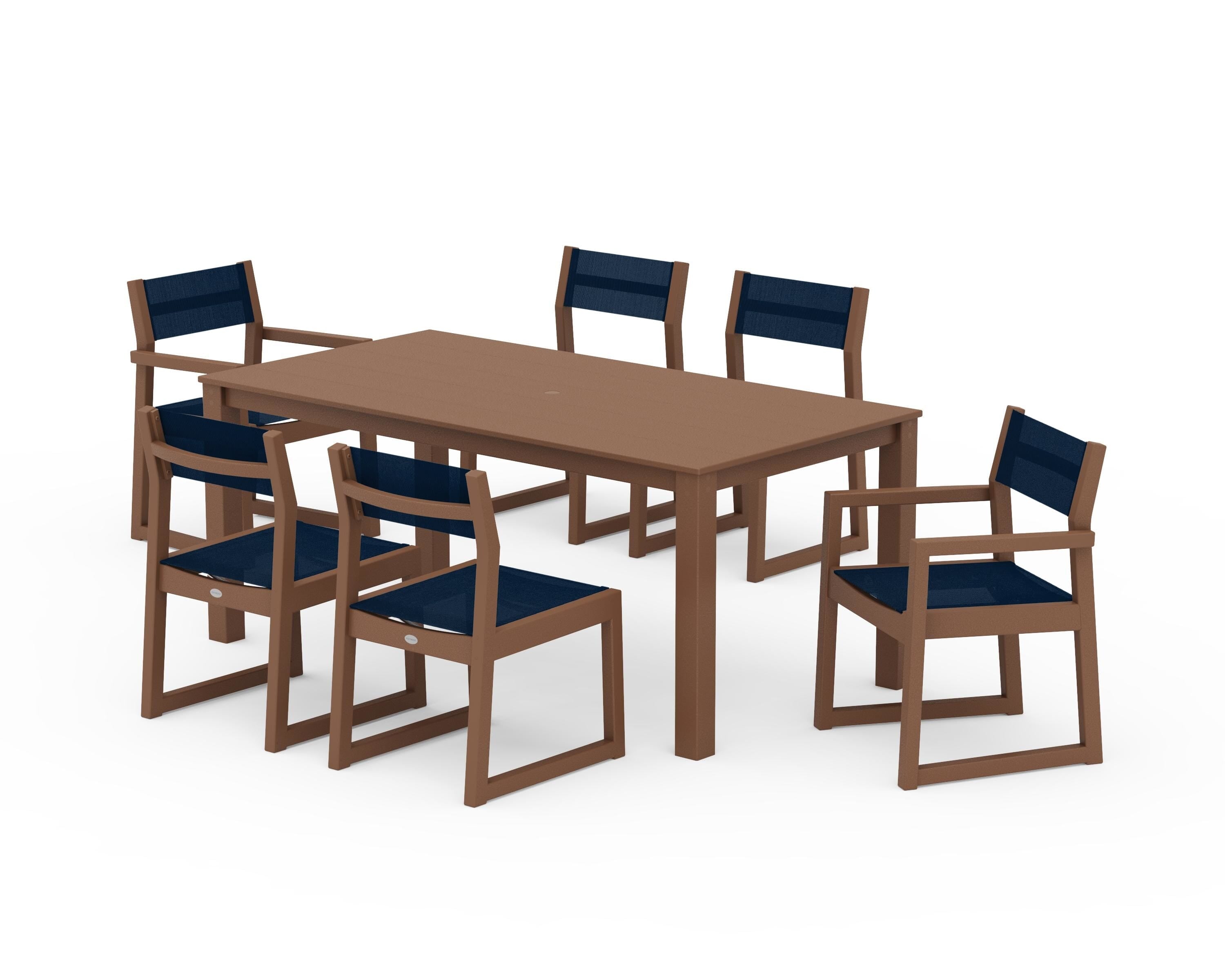 POLYWOOD EDGE Sling 7-Piece Parsons Dining Set in Teak / Navy Blue Sling