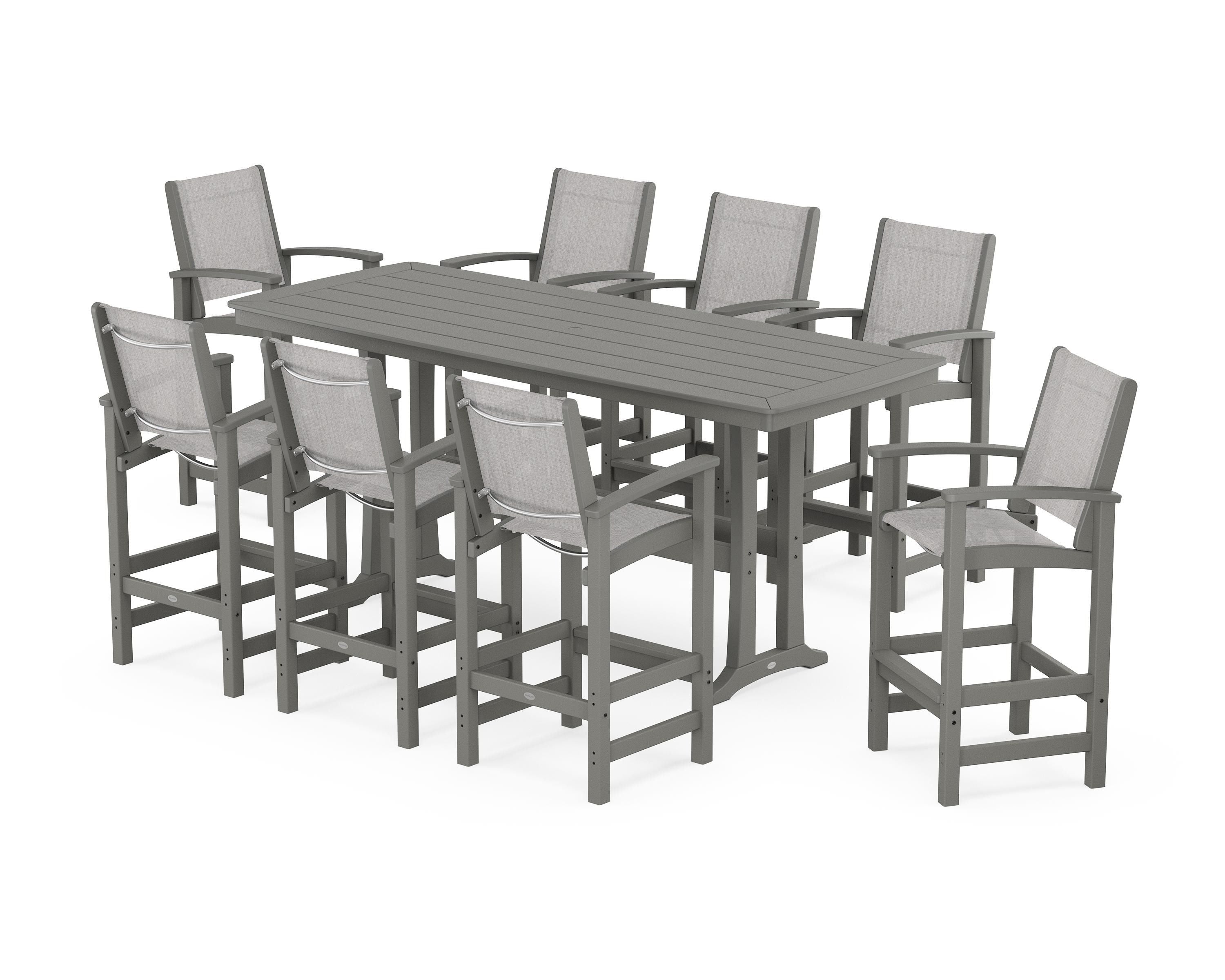 POLYWOOD Coastal 9-Piece Bar Set with Trestle Legs in Slate Grey / Parchment Sling