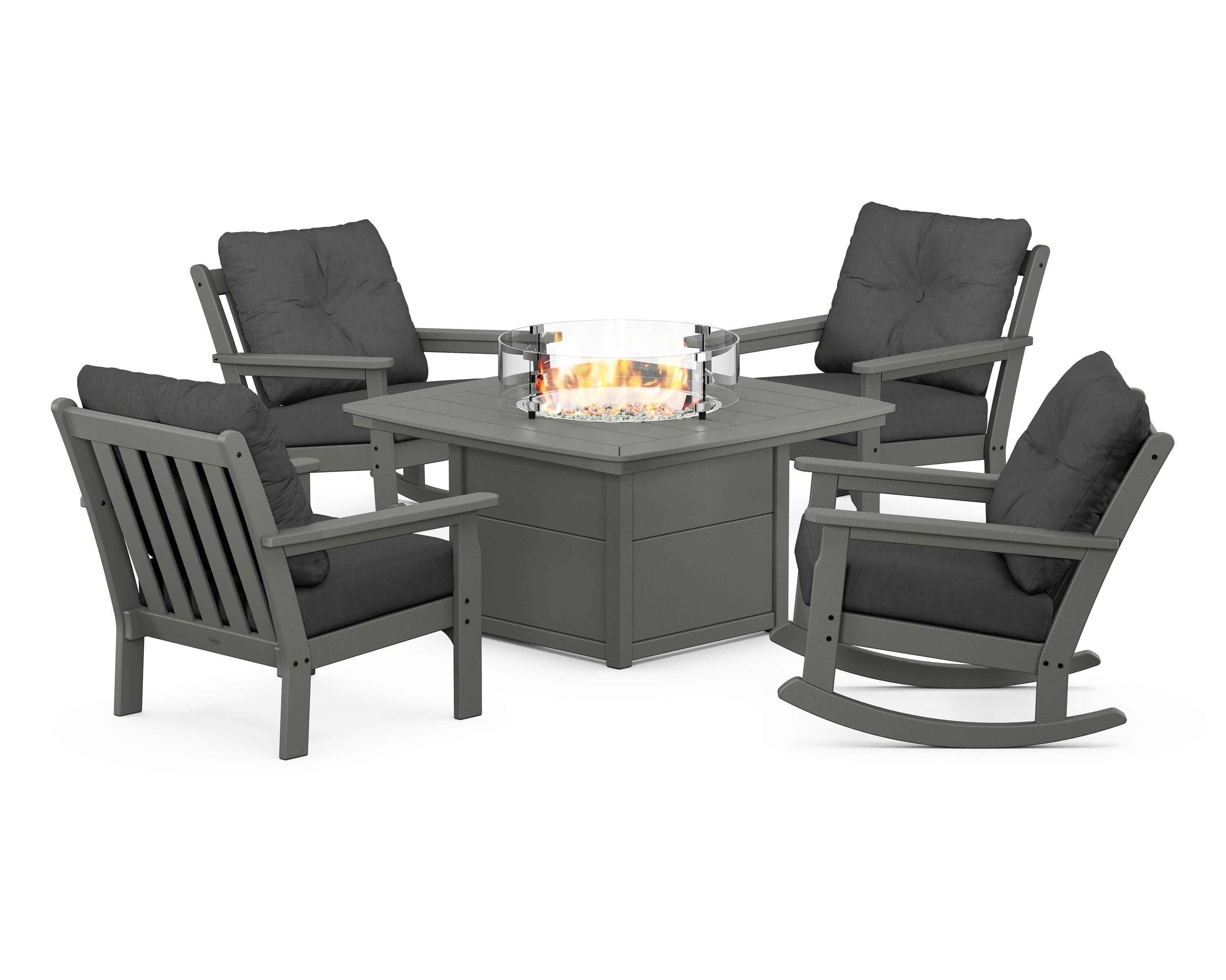 POLYWOOD Vineyard 5-Piece Deep Seating Rocking Chair Conversation Set with Fire Pit Table in Slate Grey / Spectrum Carbon