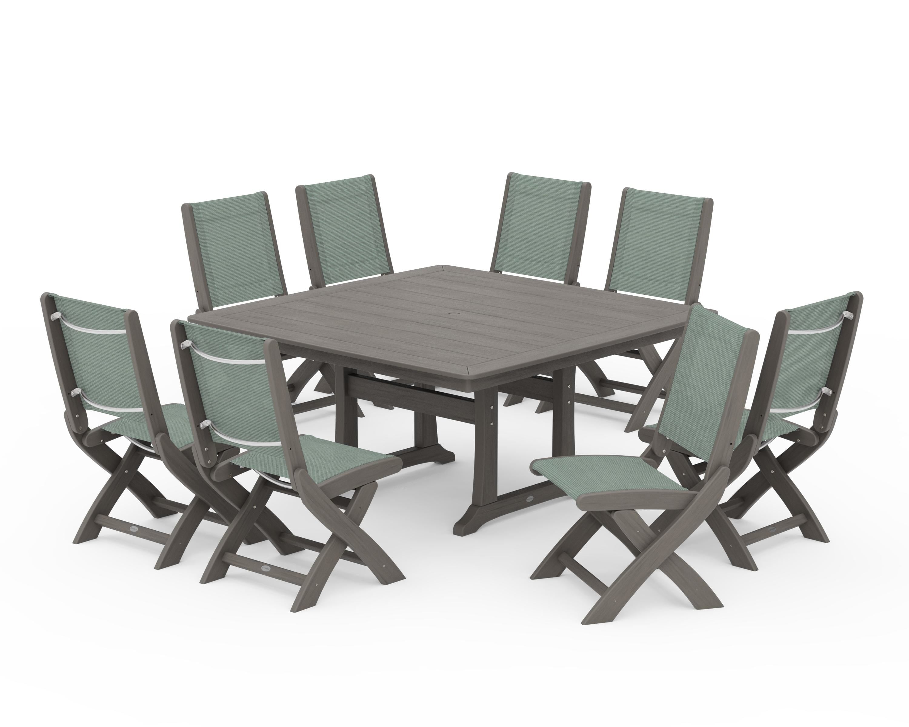 POLYWOOD Coastal Folding Side Chair 9-Piece Dining Set with Trestle Legs in Driftwood / Dupioni Sea Mist Sling