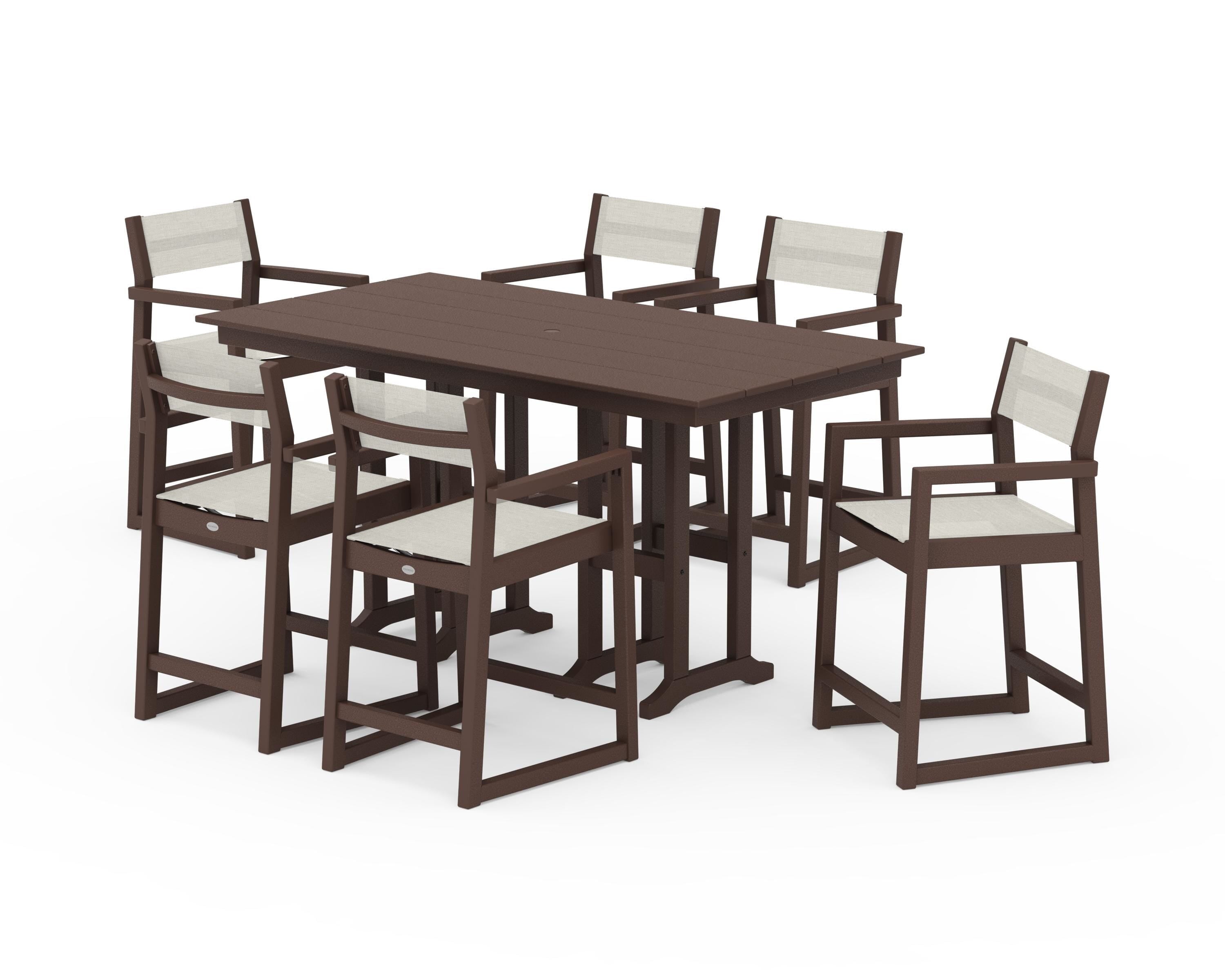 POLYWOOD EDGE Sling Arm Chair 7-Piece Farmhouse Counter Set in Mahogany / Parchment Sling