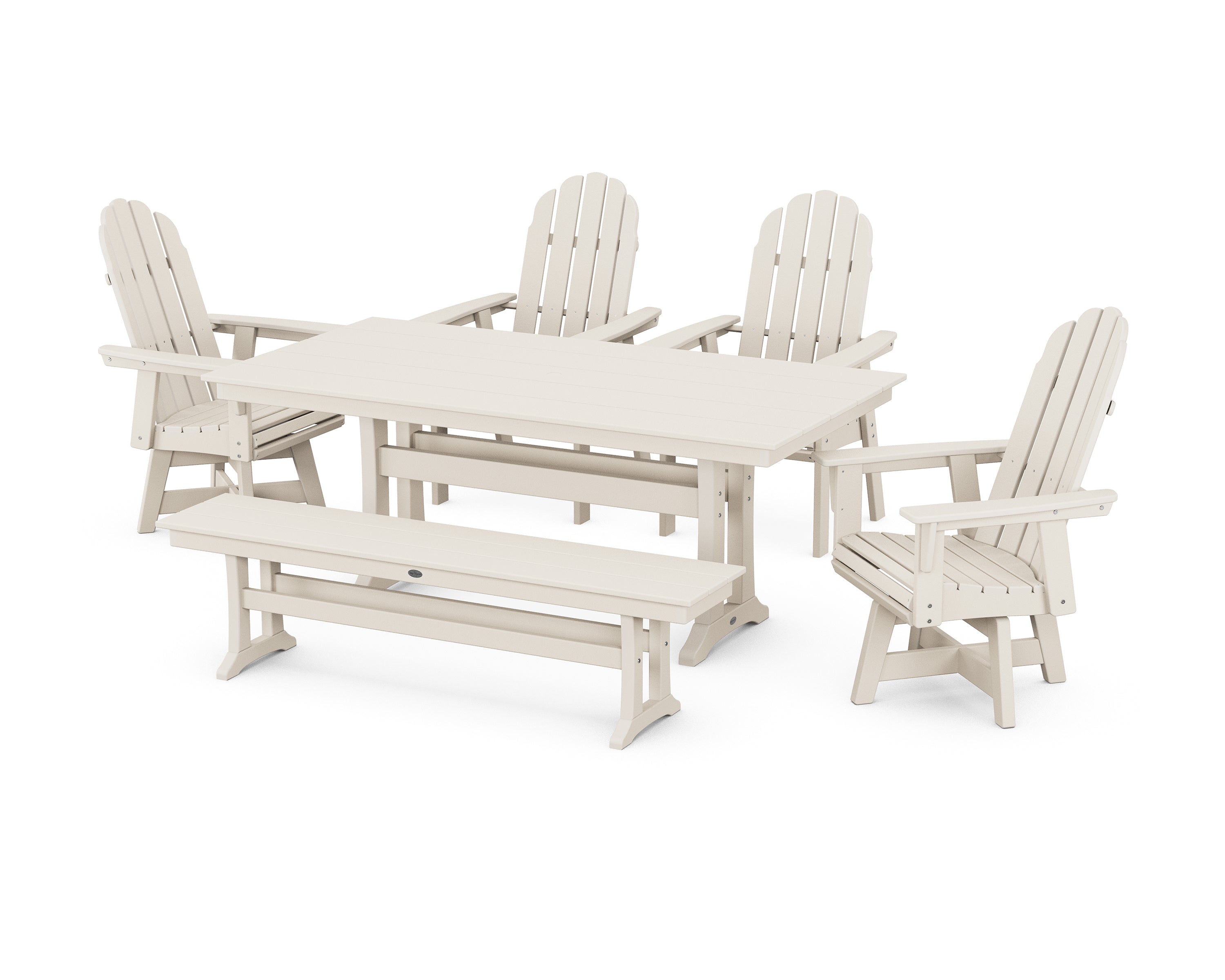 POLYWOOD® Vineyard Curveback Adirondack 6-Piece Swivel Chair Farmhouse Dining Set with Trestle Legs and Bench in Sand