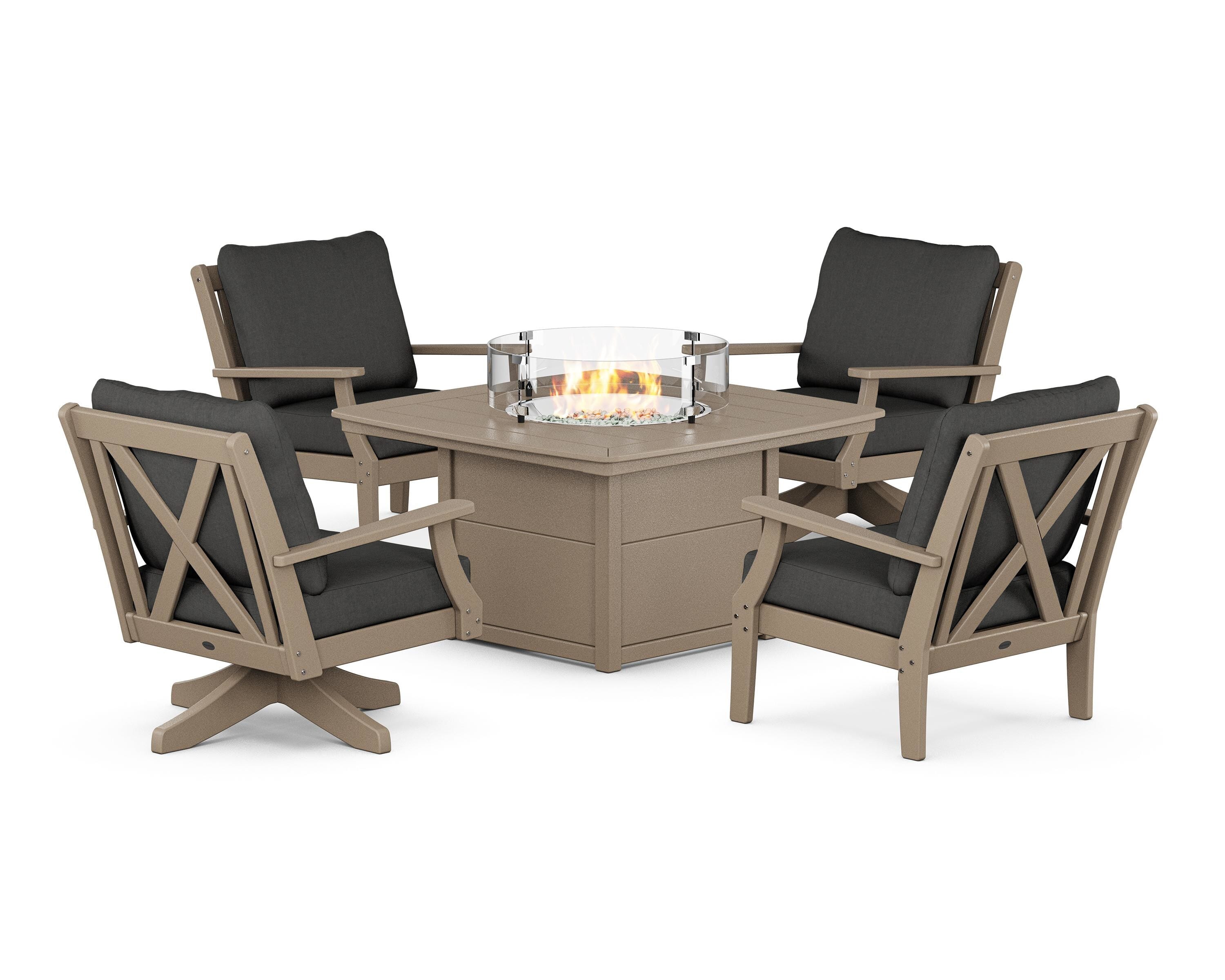 POLYWOOD Braxton 5-Piece Deep Seating Set with Fire Table in Sand / Spectrum Carbon