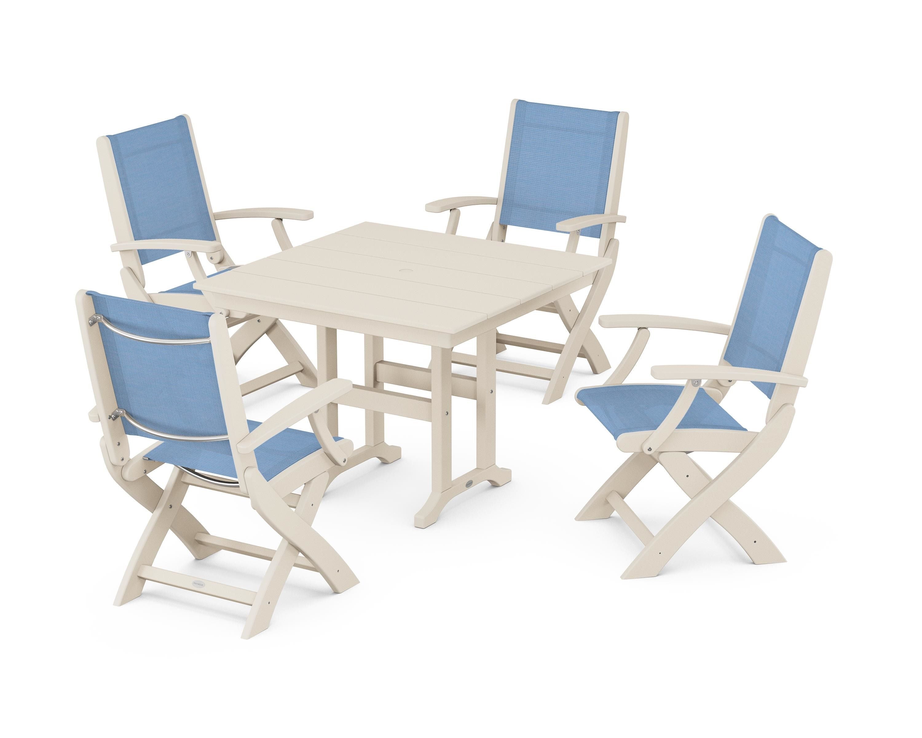 POLYWOOD Coastal Folding Chair 5-Piece Farmhouse Dining Set in Sand / Poolside Sling