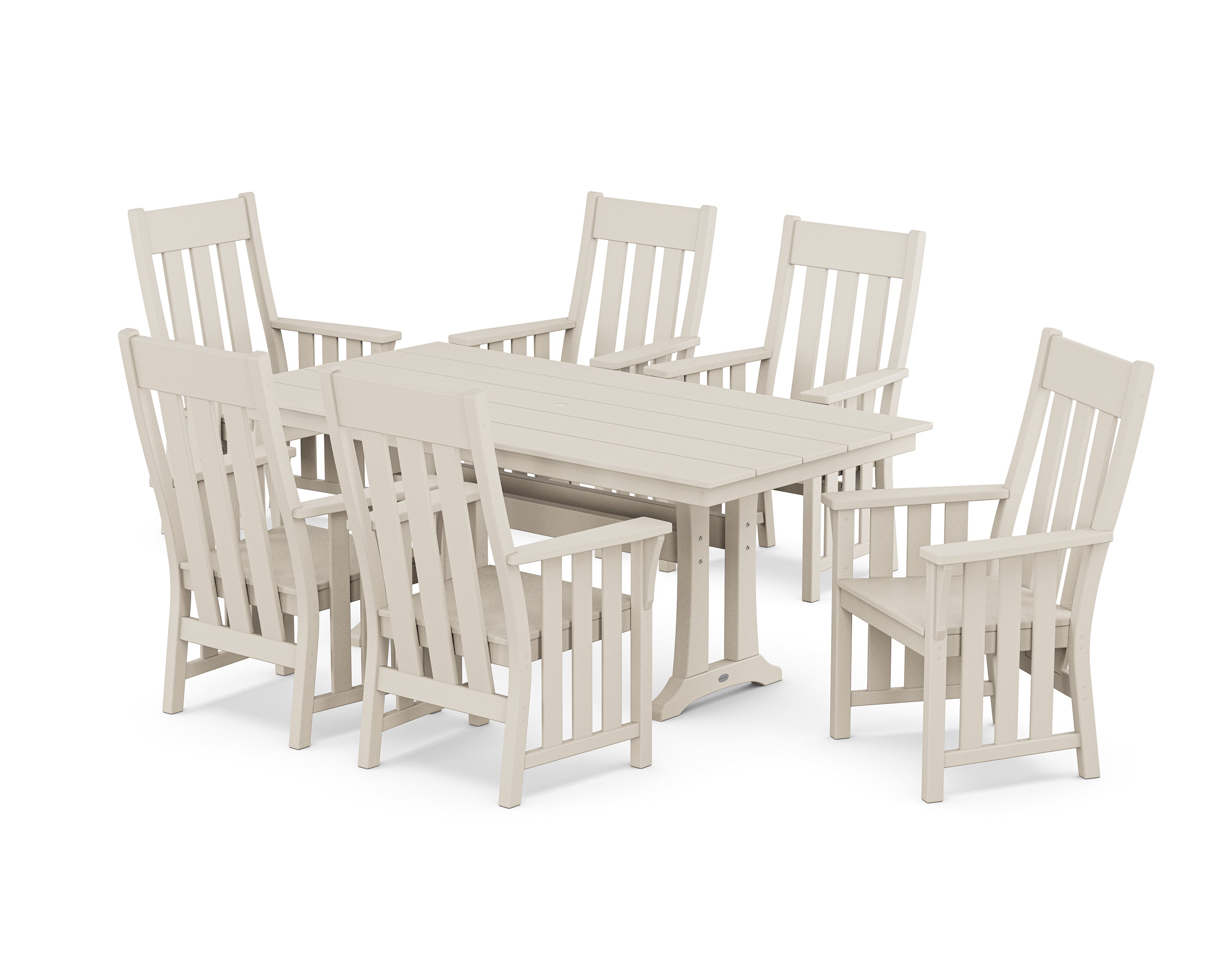 Martha Stewart by POLYWOOD Acadia Arm Chair 7-Piece Farmhouse Dining Set with Trestle Legs in Sand
