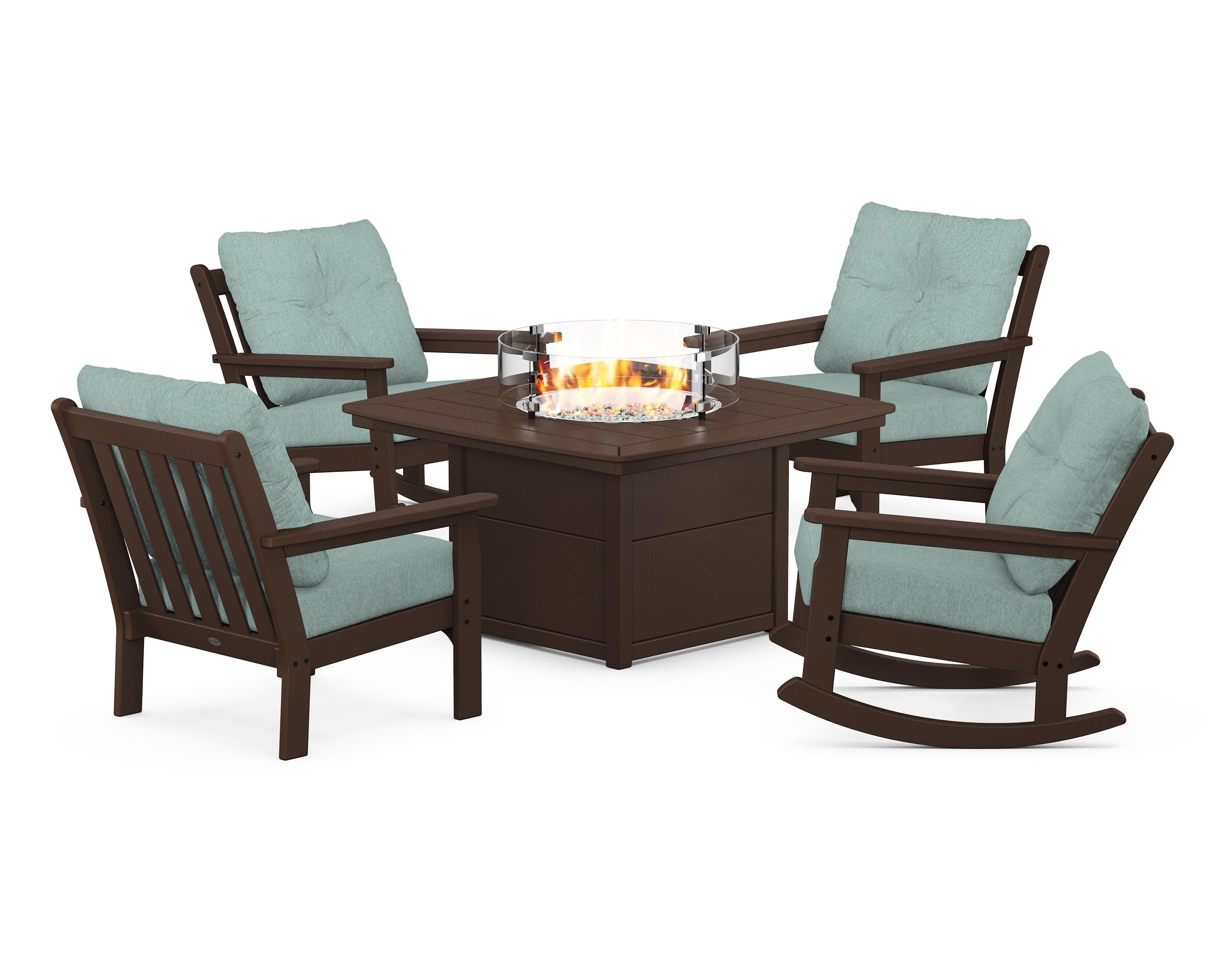 POLYWOOD Vineyard 5-Piece Deep Seating Rocking Chair Conversation Set with Fire Pit Table in Mahogany / Glacier Spa