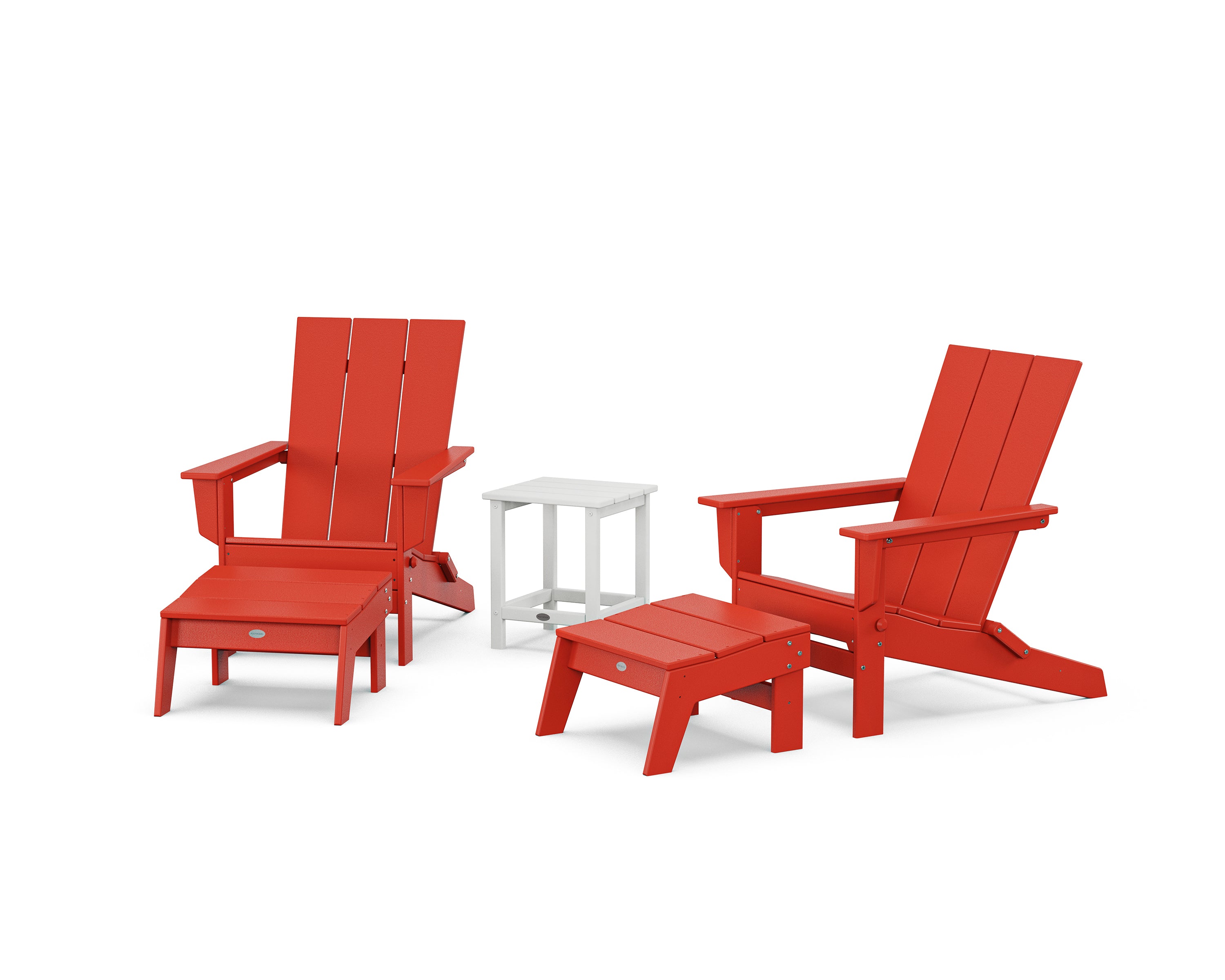POLYWOOD 5-Piece Modern Studio Folding Adirondack Set with Ottomans and Side Table in Sunset Red / White
