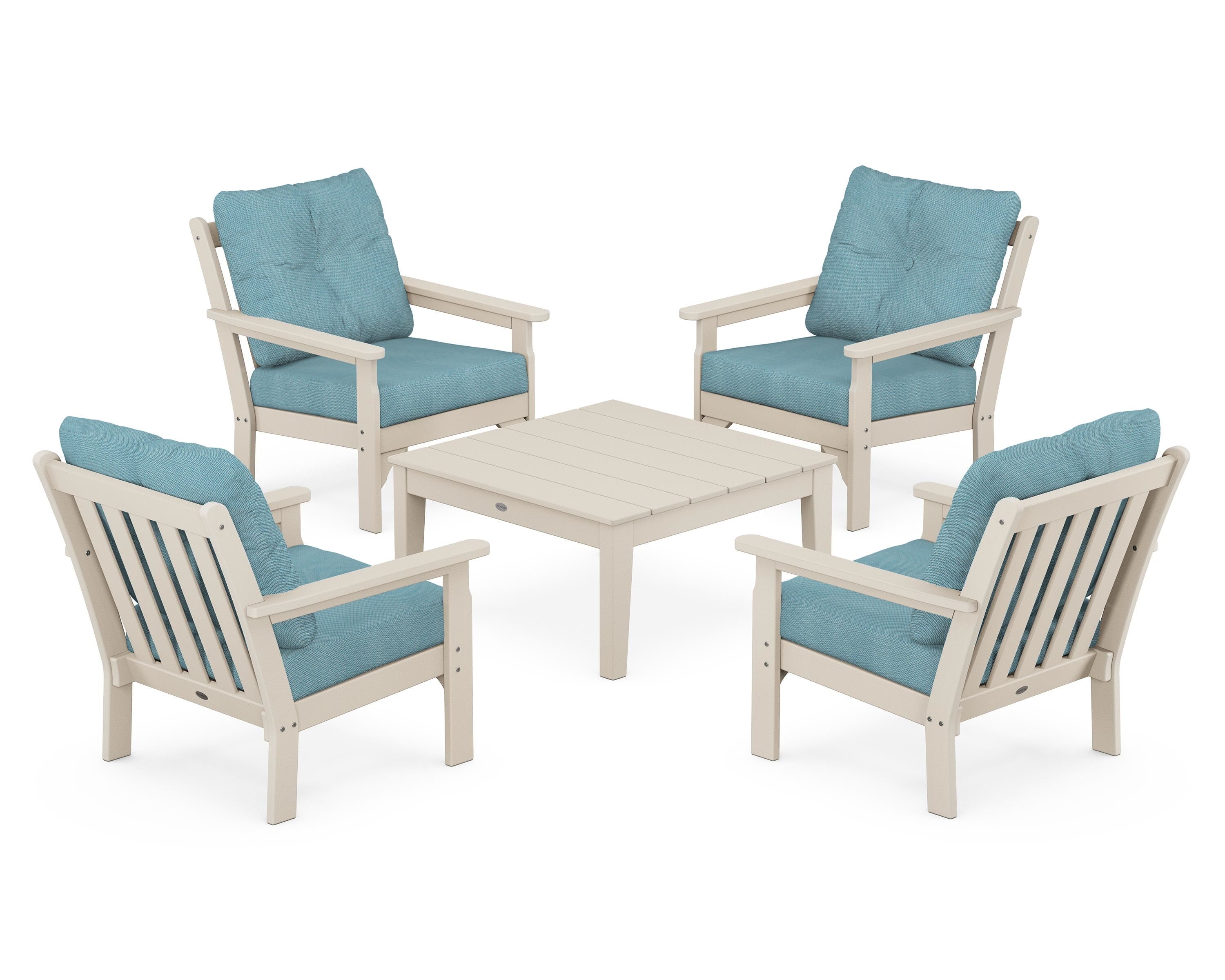 POLYWOOD Vineyard 5-Piece Deep Seating Conversation Set in Sand / Lattice Sky Blue