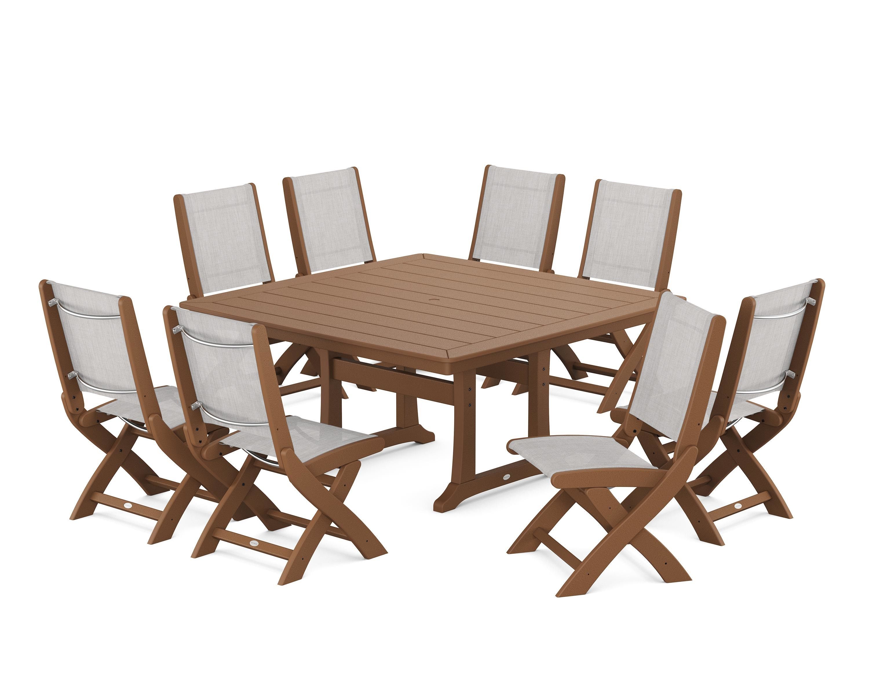 POLYWOOD Coastal Folding Side Chair 9-Piece Dining Set with Trestle Legs in Teak / Parchment Sling