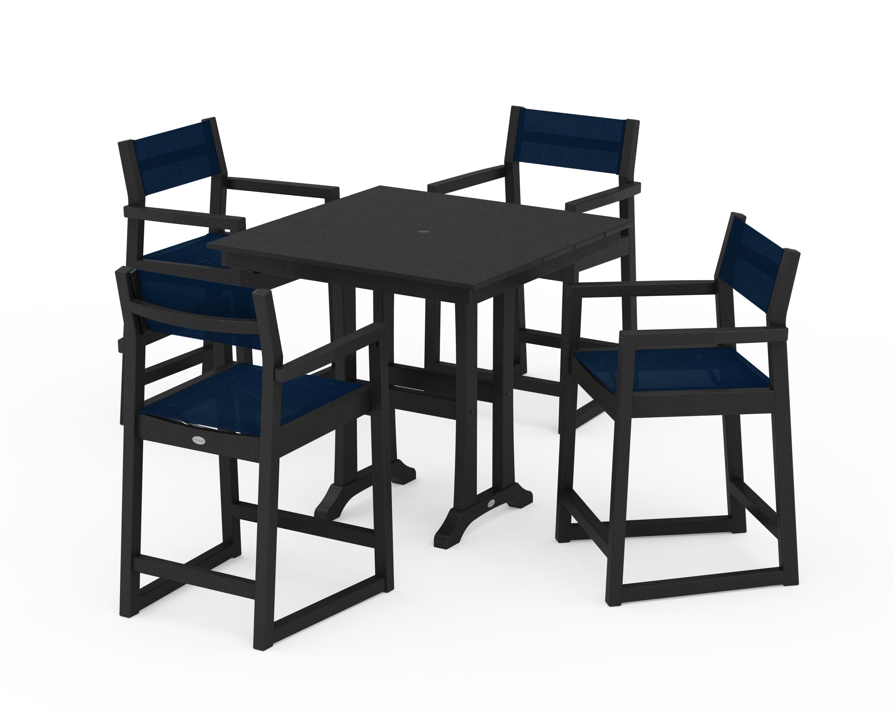 POLYWOOD EDGE Sling Arm Chair 5-Piece Farmhouse Counter Set with Trestle Legs in Black / Navy Blue Sling