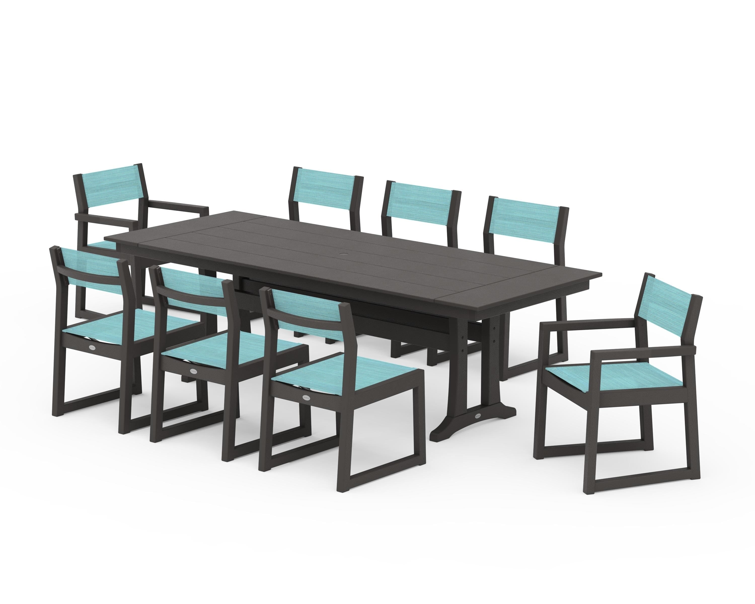 POLYWOOD EDGE Sling 9-Piece Farmhouse Trestle Dining Set in Vintage Coffee / Dupioni Aquamarine Sling