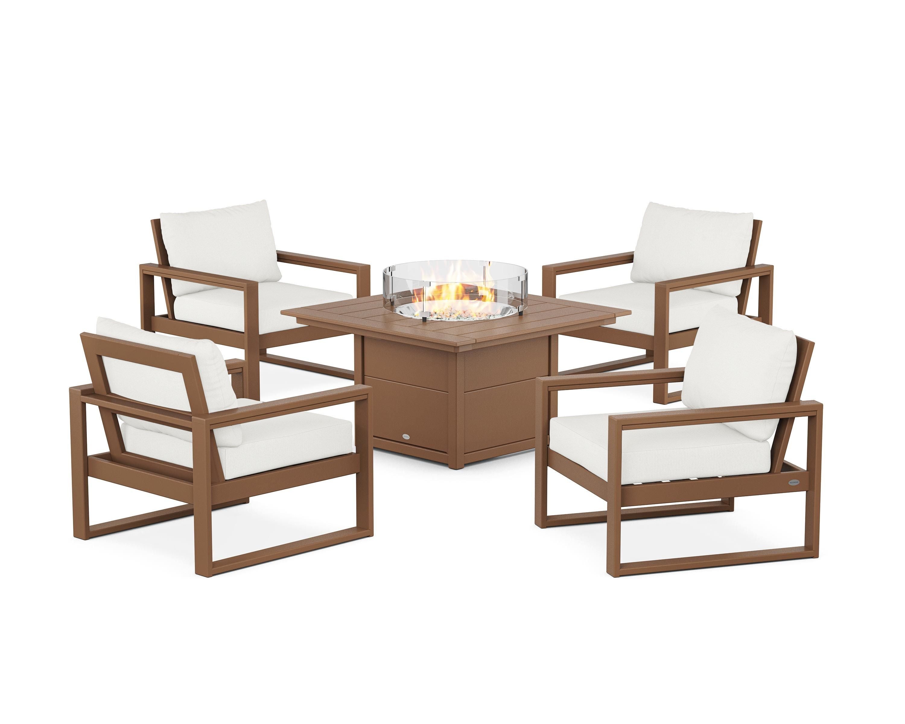 POLYWOOD EDGE Sectional 5-Piece Deep Seating Set with Fire Pit Table in Teak / Natural Linen