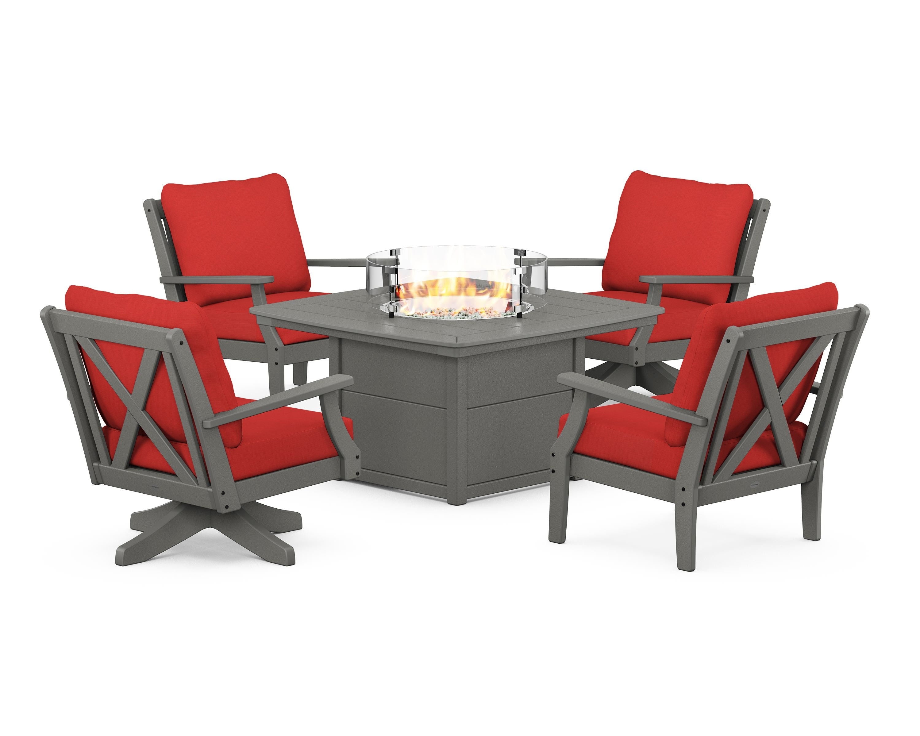 POLYWOOD Braxton 5-Piece Deep Seating Set with Fire Table in Slate Grey / Crimson Linen